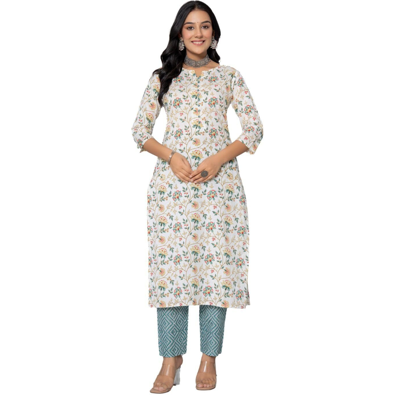Rytras Women's Cotton Printed Straight Kurta With Pant(Ryt542,Green,S)