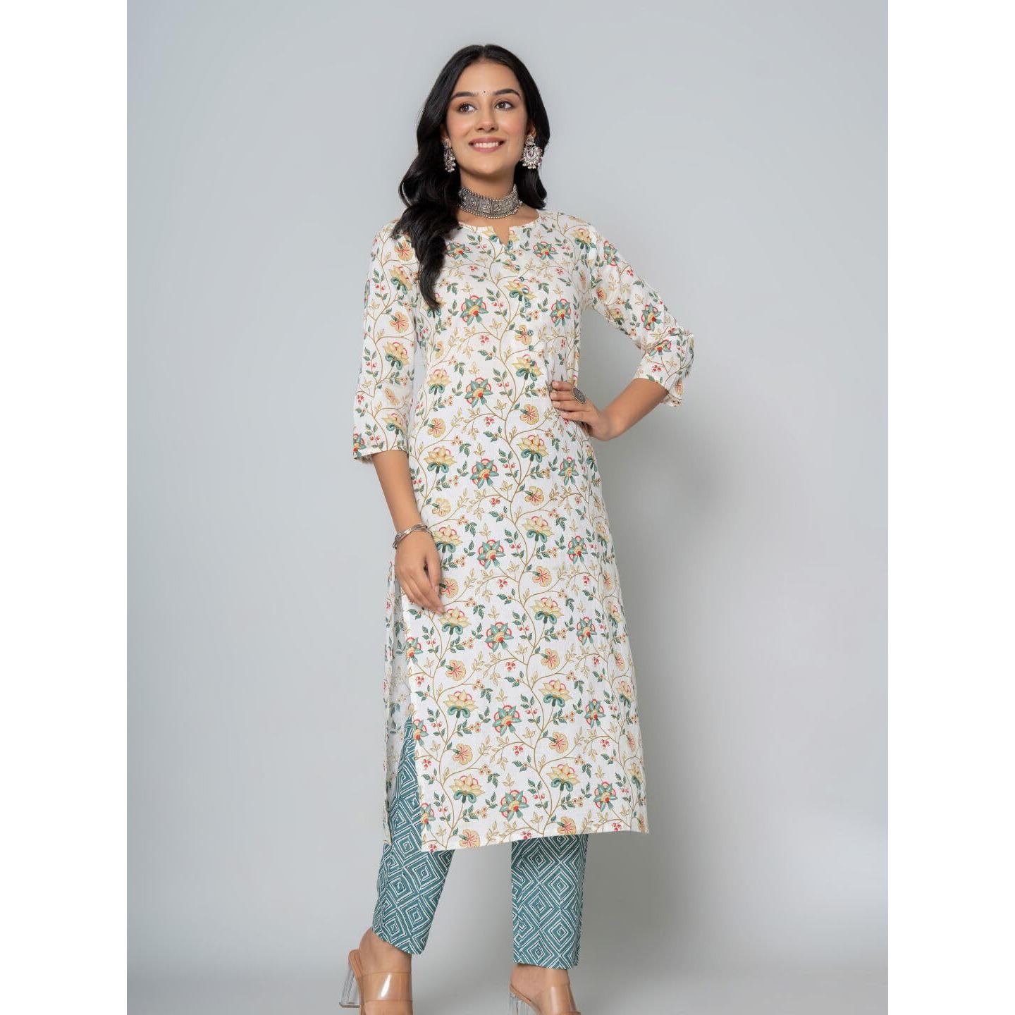 Rytras Women's Cotton Printed Straight Kurta With Pant(Ryt542,Green,S)
