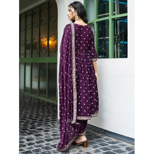Sanisa Women's Chinnon Foil Floral Printed Straight Kurta With Pant And Dupatta Set (208Kbd2204N-M_Deep Purple & Lavender. Golden)