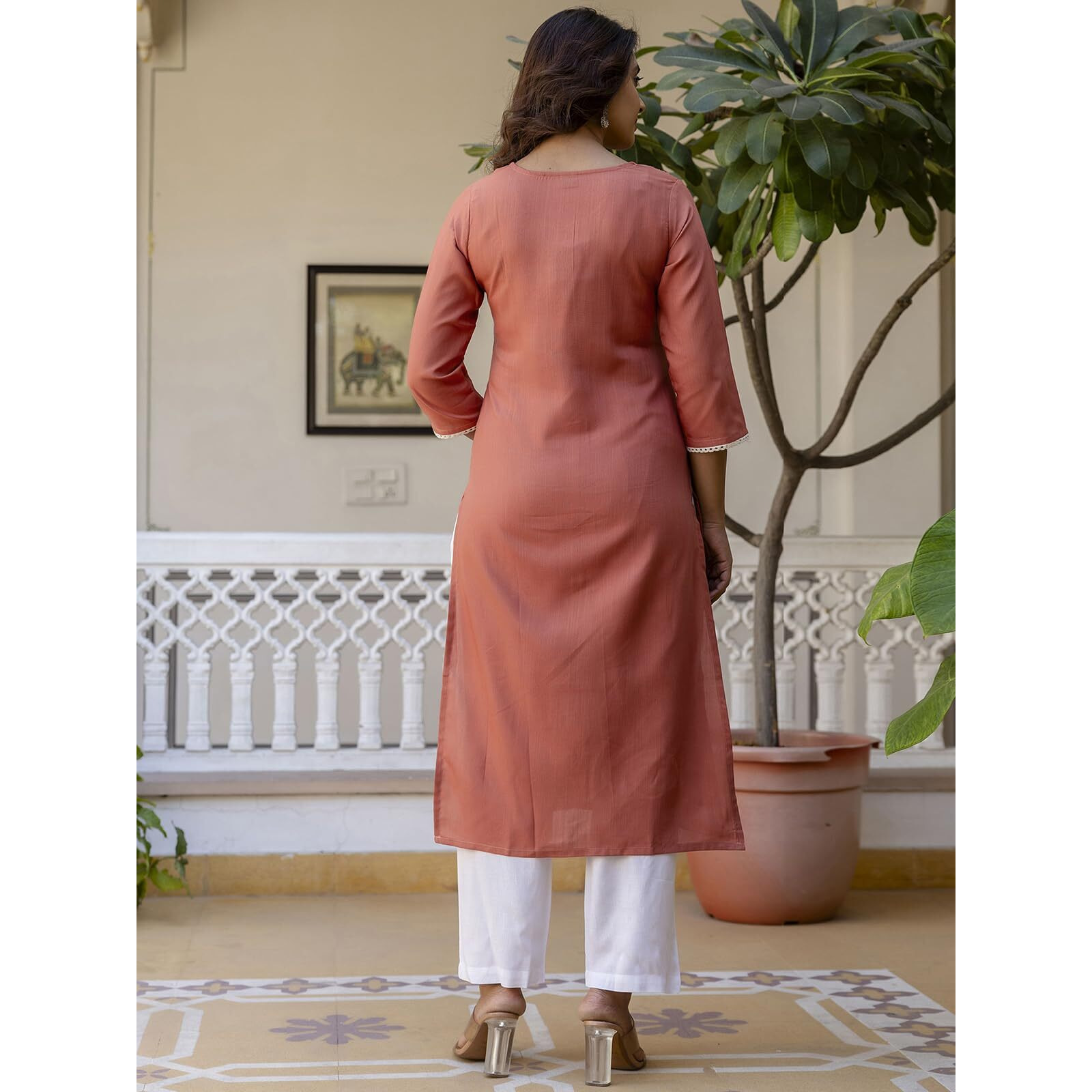 Sanisa Women's Cotton Blend Chikankari Embroidery Straight Kurti (481K10053N-Xl_Peach Orange)