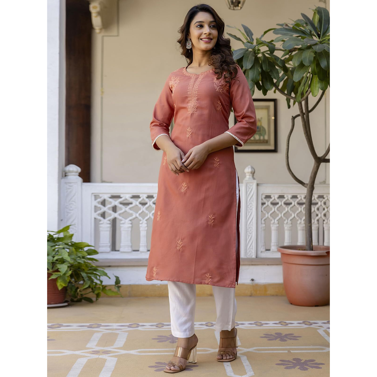 Sanisa Women's Cotton Blend Chikankari Embroidery Straight Kurti (481K10053N-Xl_Peach Orange)