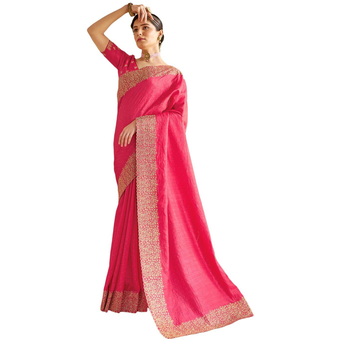 Satrani Women's Vichitra Silk Hot Fixing Embroidery Border Saree With Unstitched Blouse Piece (3614S151N_Pink1)