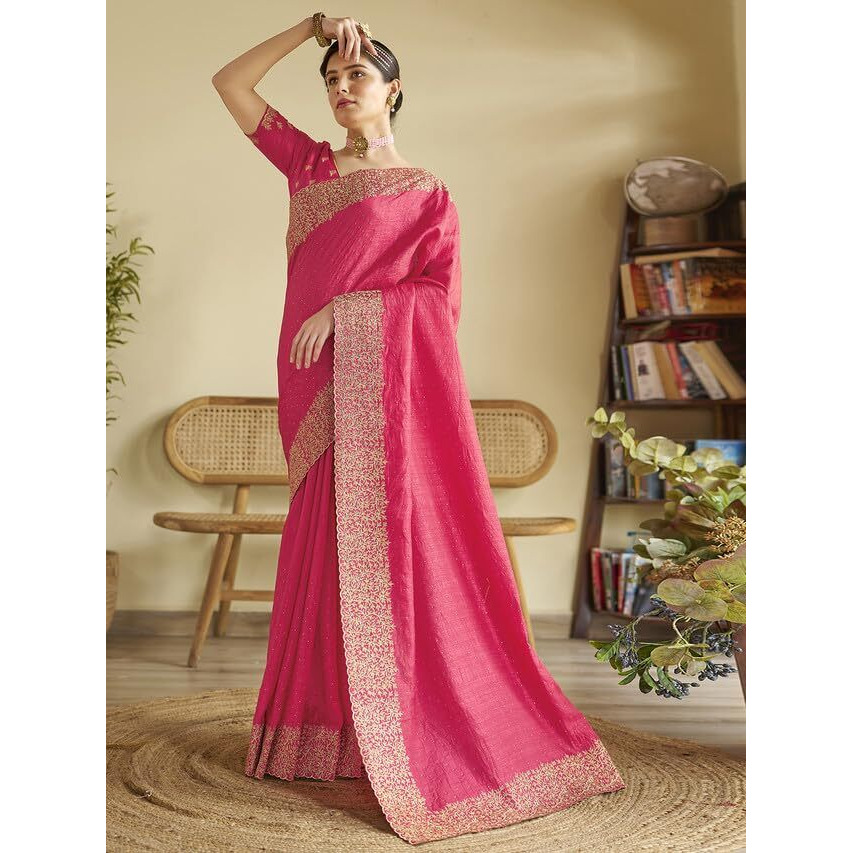 Satrani Women's Vichitra Silk Hot Fixing Embroidery Border Saree With Unstitched Blouse Piece (3614S151N_Pink1)