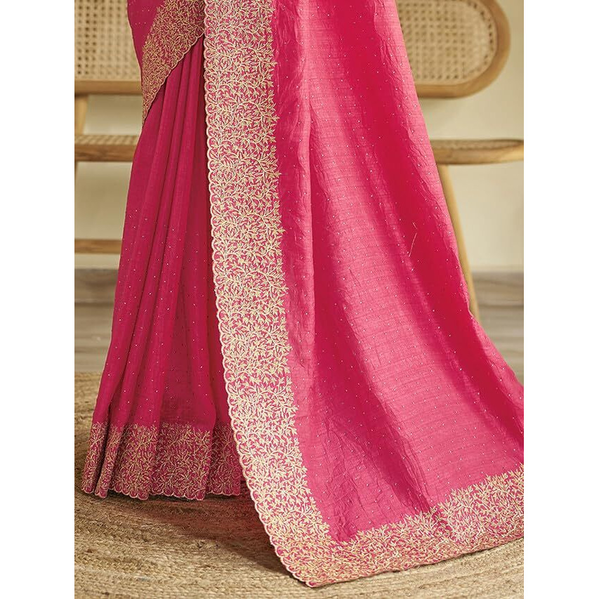 Satrani Women's Vichitra Silk Hot Fixing Embroidery Border Saree With Unstitched Blouse Piece (3614S151N_Pink1)