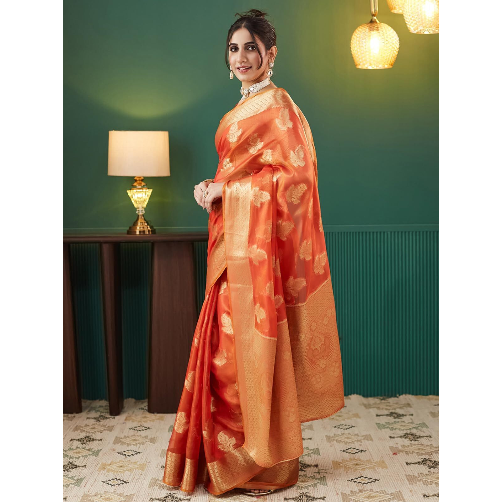 Satrani Women's Tissue Silk Weaving Banarasi Saree With Unstitched Blouse Piece (4113S6519N_Orange)