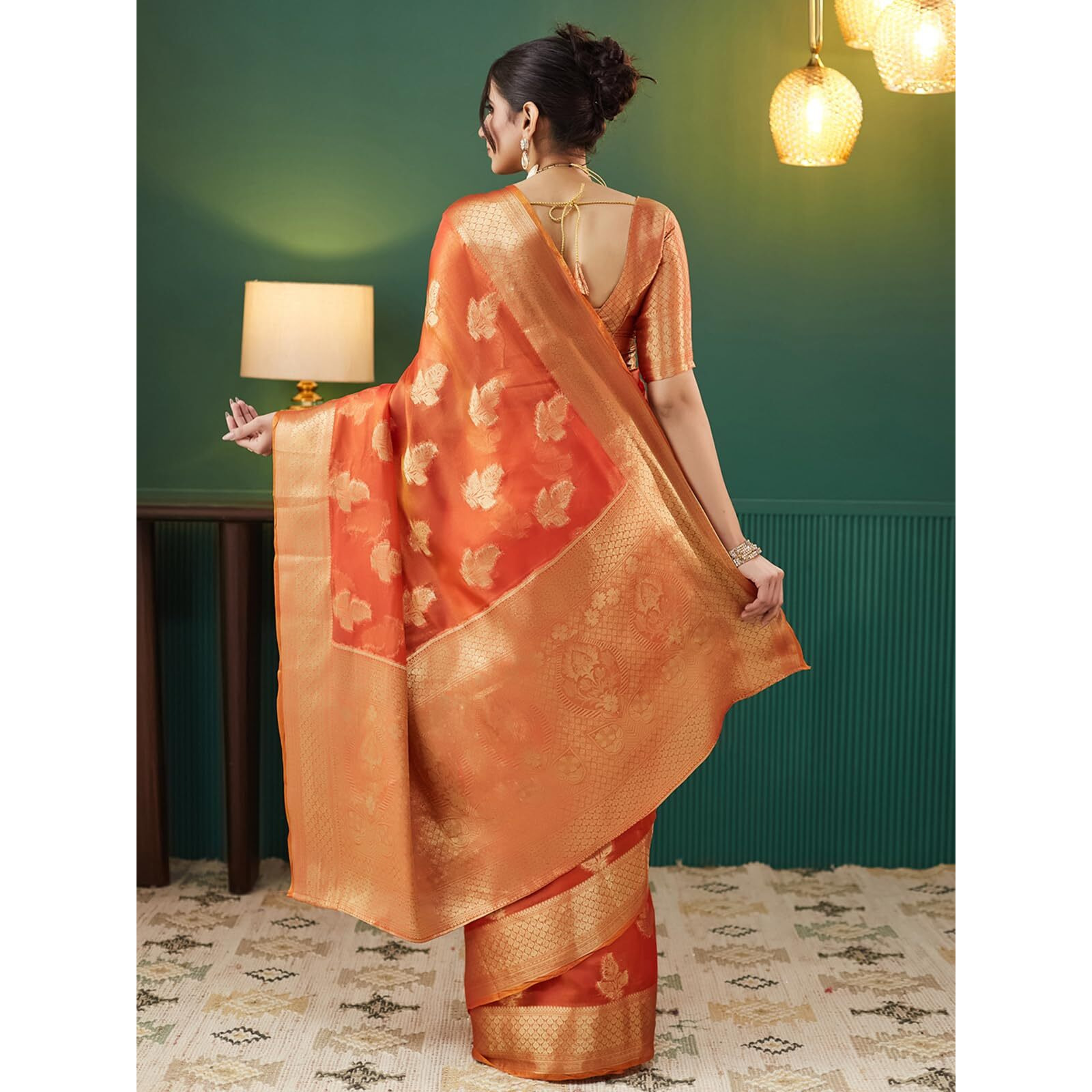 Satrani Women's Tissue Silk Weaving Banarasi Saree With Unstitched Blouse Piece (4113S6519N_Orange)