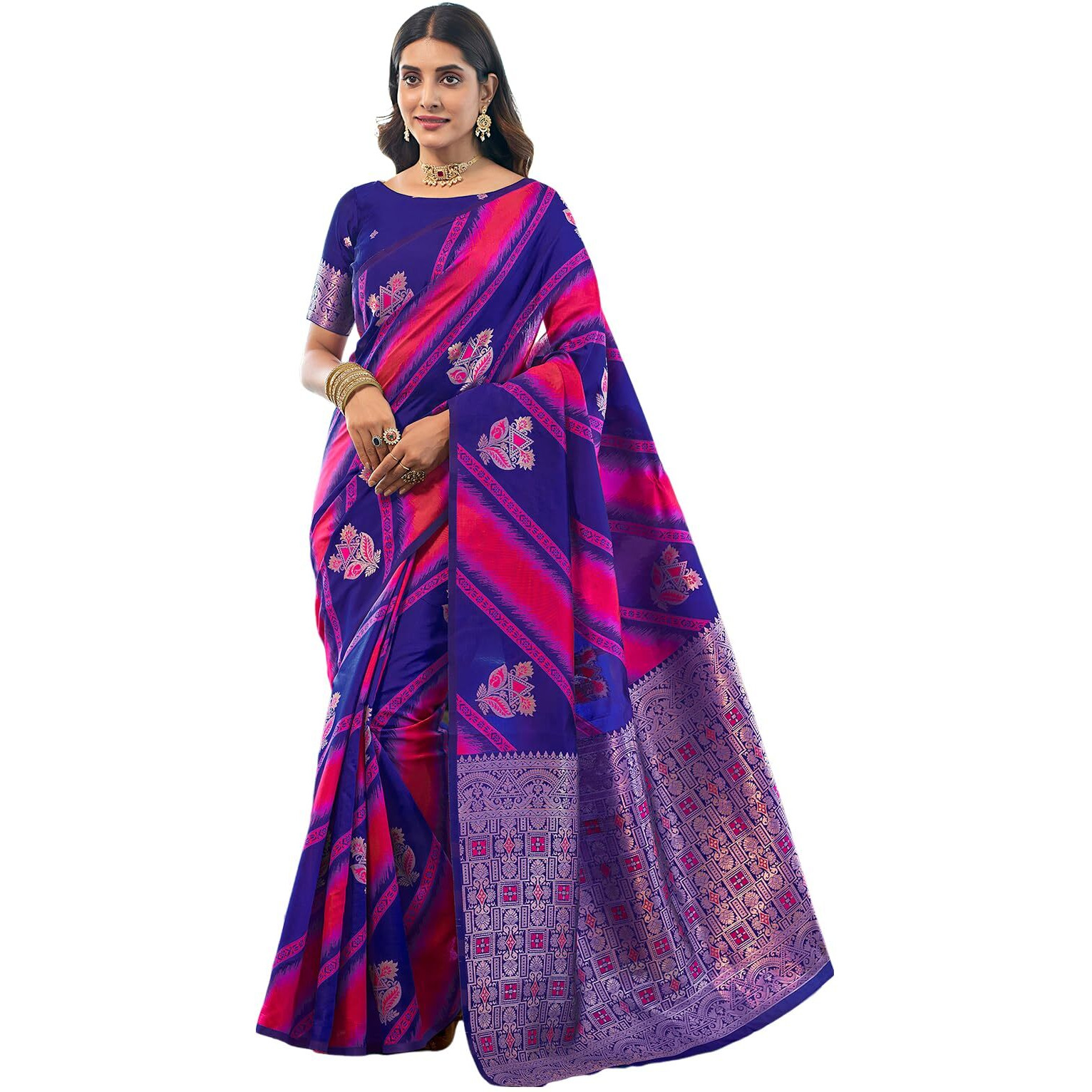 Satrani Women's Banarasi Jacquard Kanjivaram Silk Blend Saree With Unstitched Blouse Piece (3733S148N_Dark Blue & Bright Pink)