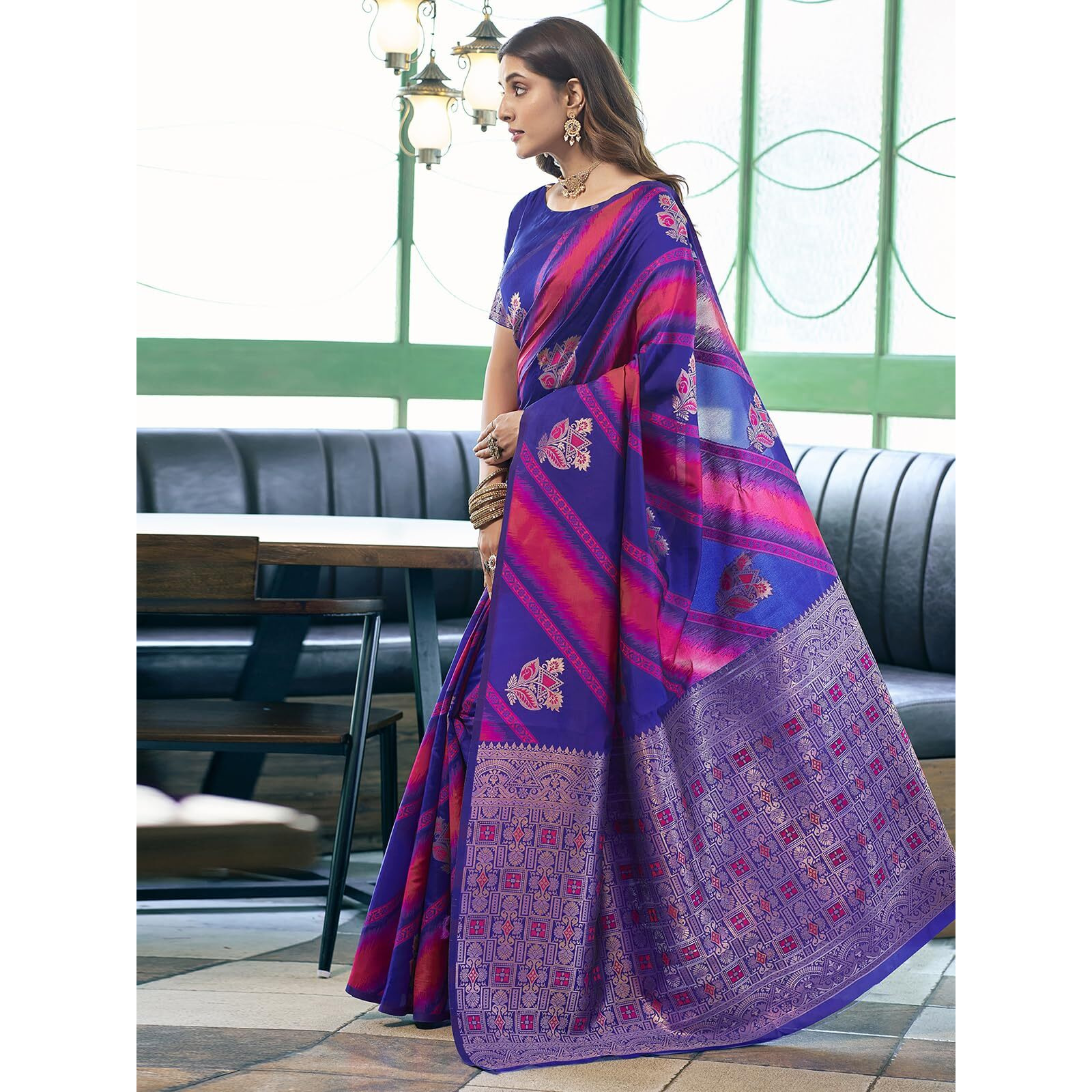 Satrani Women's Banarasi Jacquard Kanjivaram Silk Blend Saree With Unstitched Blouse Piece (3733S148N_Dark Blue & Bright Pink)