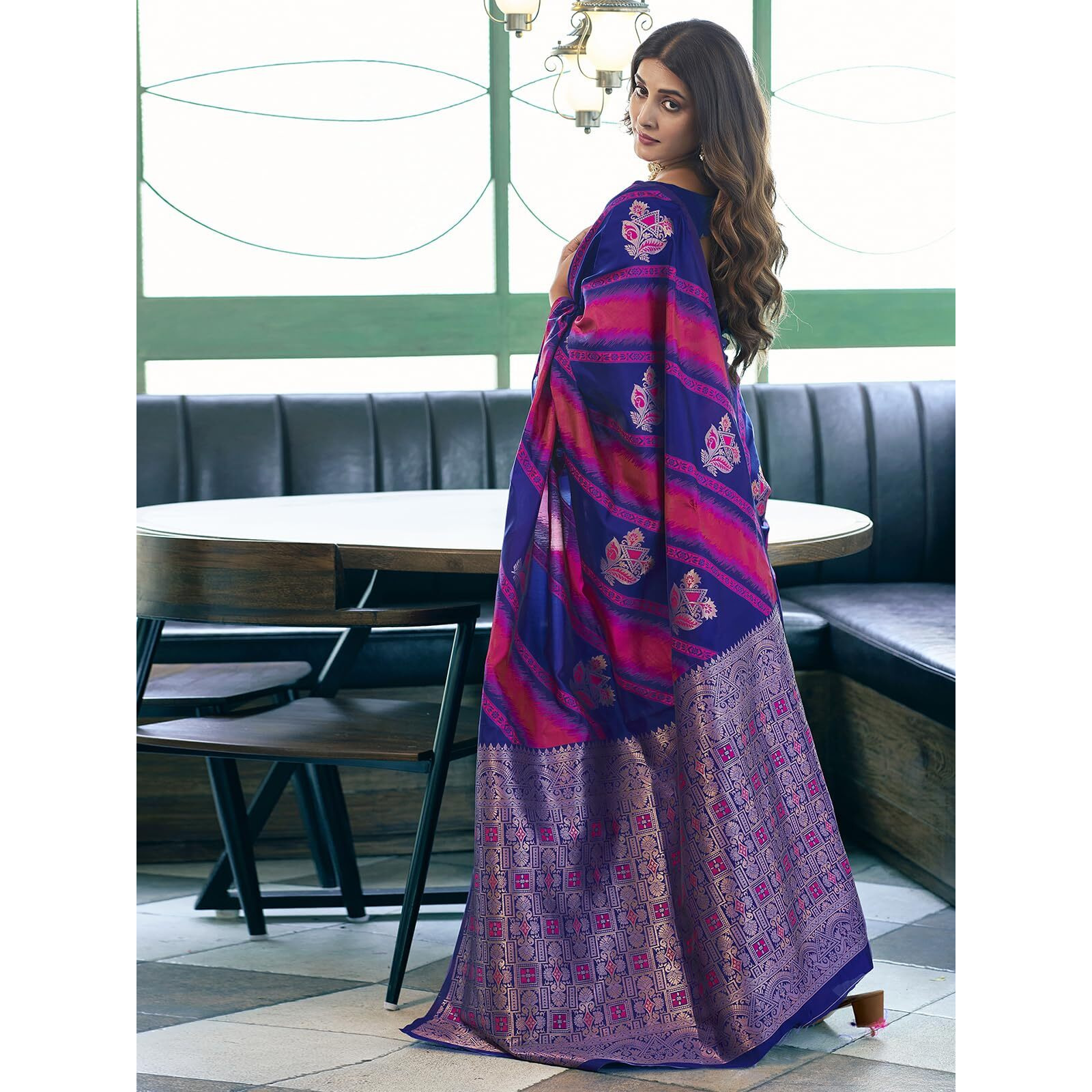 Satrani Women's Banarasi Jacquard Kanjivaram Silk Blend Saree With Unstitched Blouse Piece (3733S148N_Dark Blue & Bright Pink)