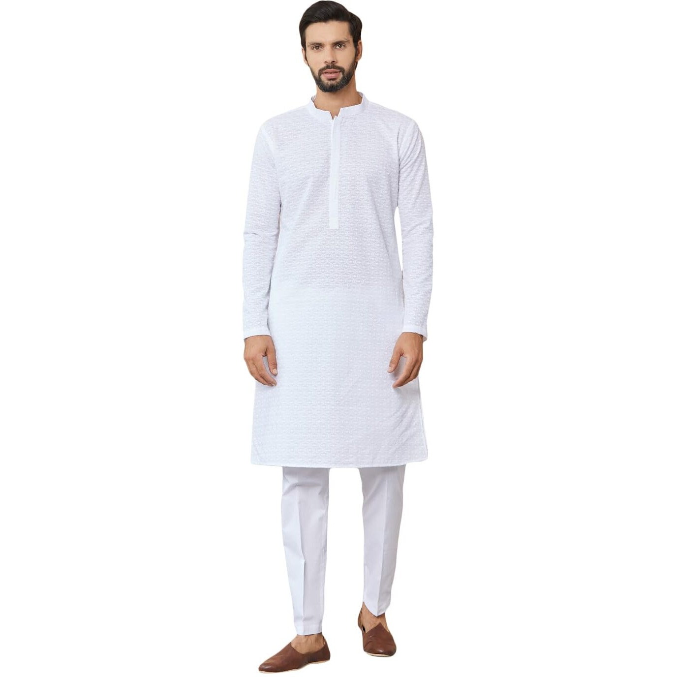 See Designs Men's Long Sleeve Mandarin Collar Side Slit White Embroidered Chikankari Pure Cotton Straight Kurta - Sdkt2560L