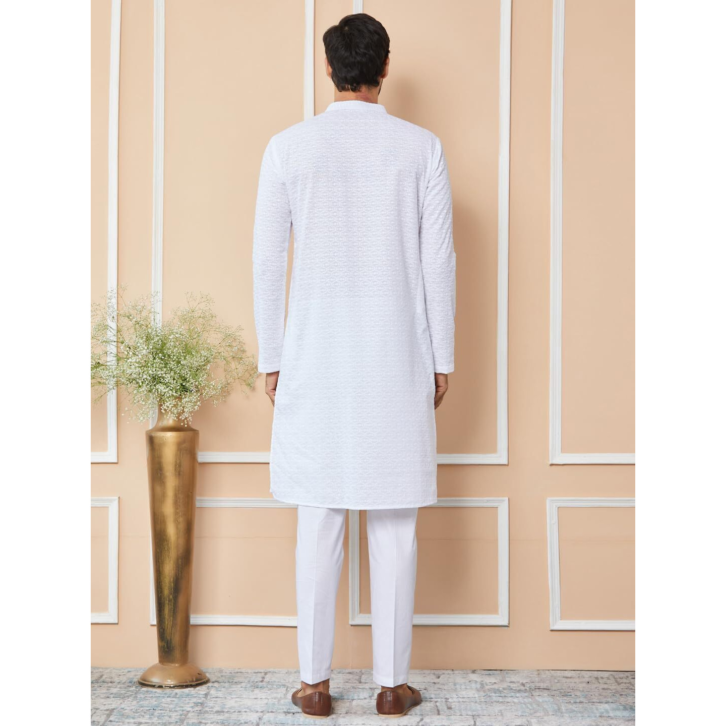 See Designs Men's Long Sleeve Mandarin Collar Side Slit White Embroidered Chikankari Pure Cotton Straight Kurta - Sdkt2560L