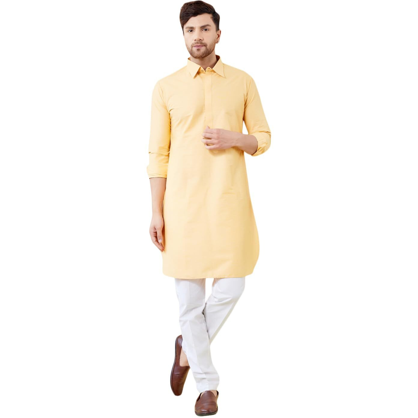See Designs Men Yellow Cotton Solid Curved Hemline Full Sleeve Side Slit Pathani Kurta - Bnrskt622Xs