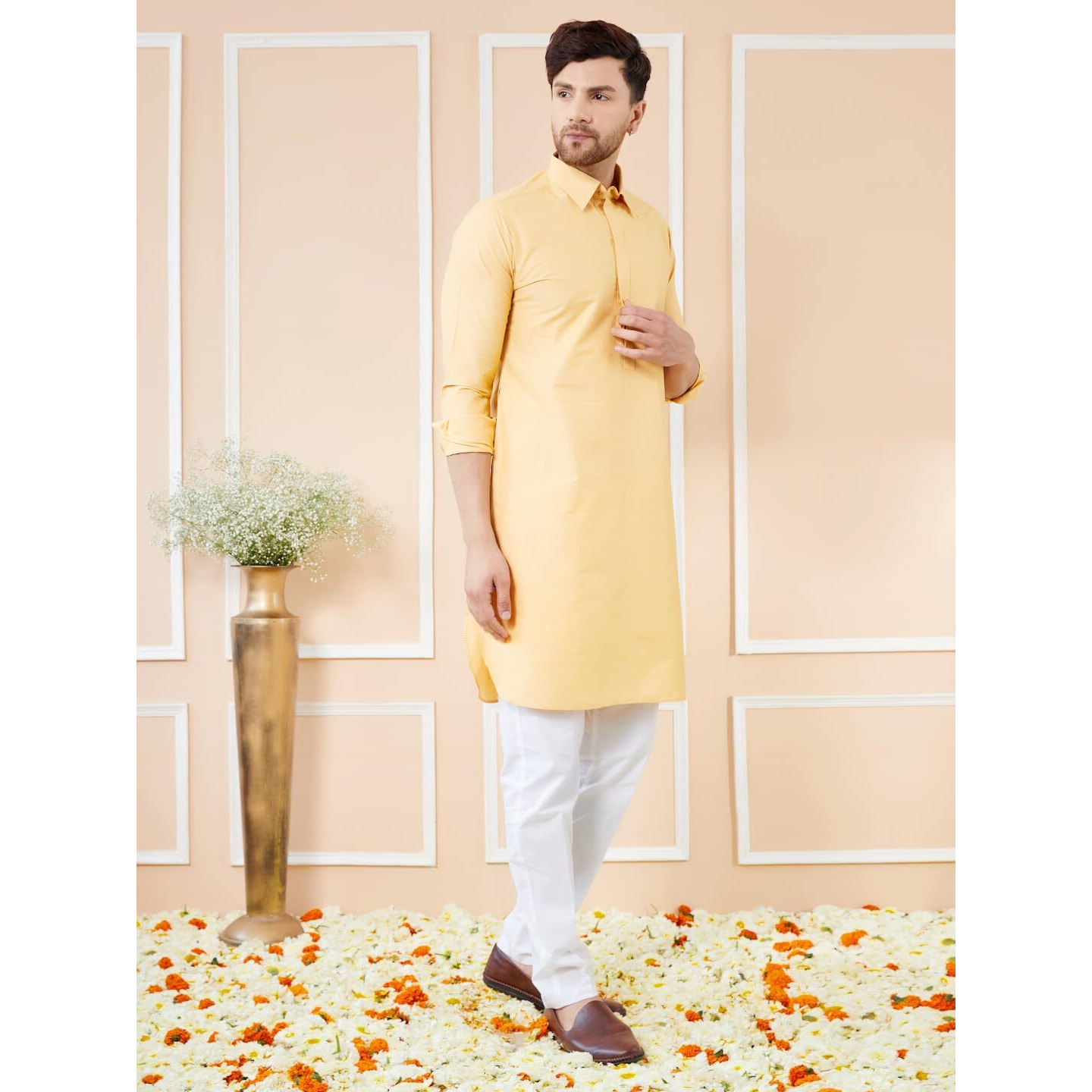 See Designs Men Yellow Cotton Solid Curved Hemline Full Sleeve Side Slit Pathani Kurta - Bnrskt622Xs