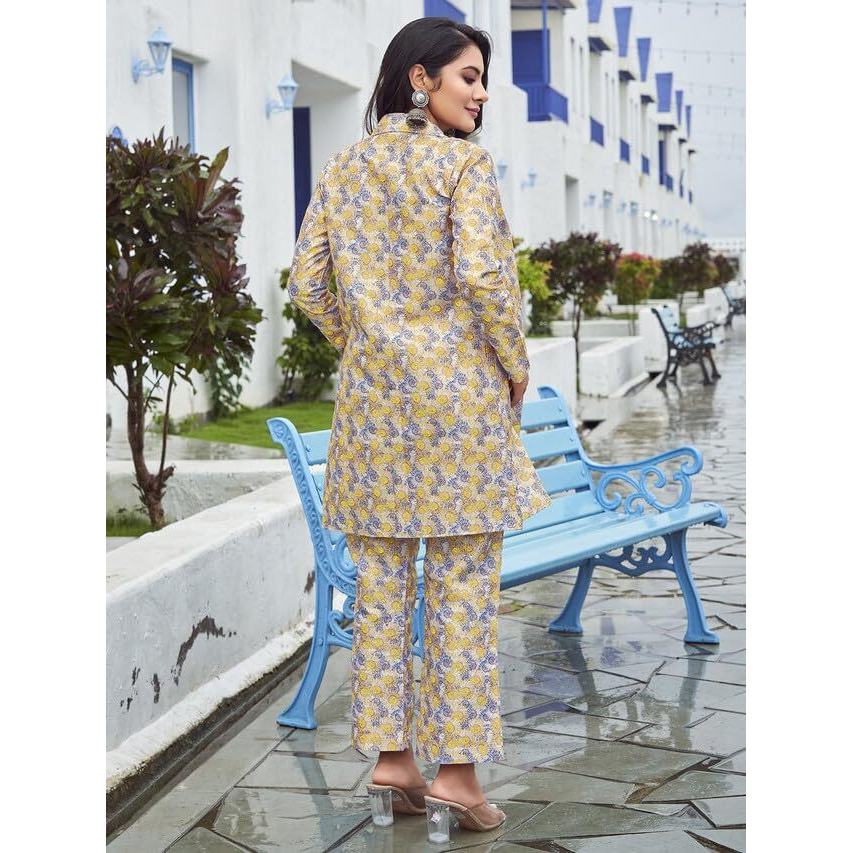 Selvia Women's Full Sleeve Silk Collared Neck 3 Piece Jacket With Tank Top And Bottom Co-Ords Set (555Tk583N-Xl_Yellow & Multi)