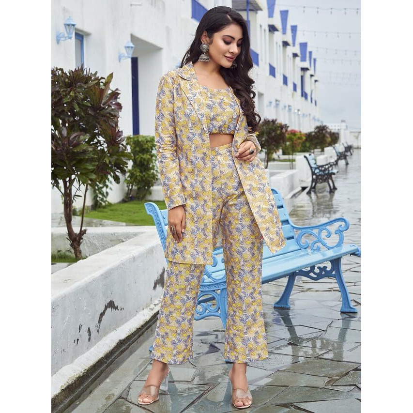 Selvia Women's Full Sleeve Silk Collared Neck 3 Piece Jacket With Tank Top And Bottom Co-Ords Set (555Tk583N-Xl_Yellow & Multi)