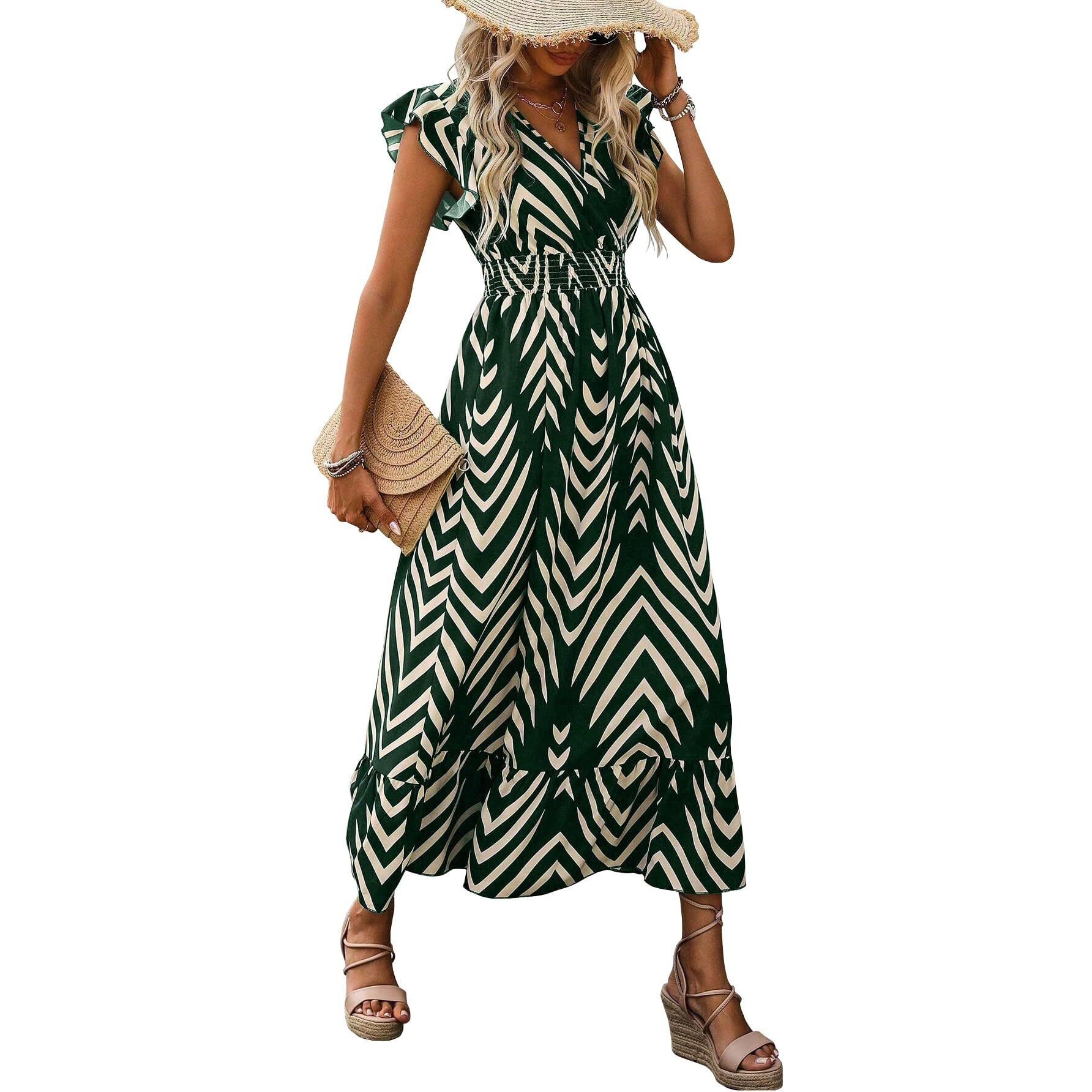 Shasmi Women's Rayon Maxi Ruffled Hem And Belted Waist (V-Neck Striped Printed Dress 140_Green