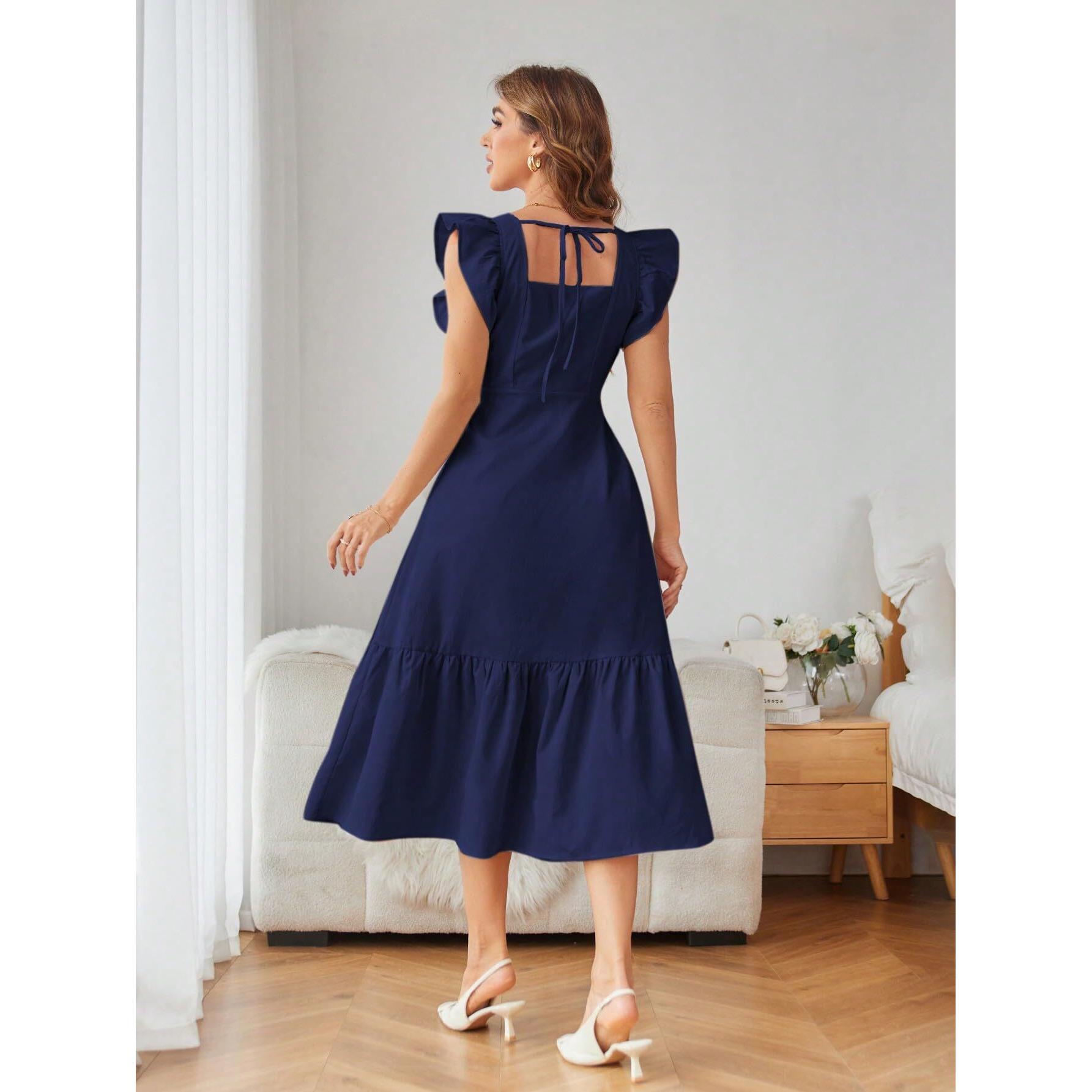 Shasmi Girl's & Women's Solid Navy Blue Color Square Neck, Ruffle-Trimmed Hem Sleeveless, Ruffle Armhole And Casual Dress With Cinched Waist Vacation Outfits Woman (Dress 162 N Blue-S)