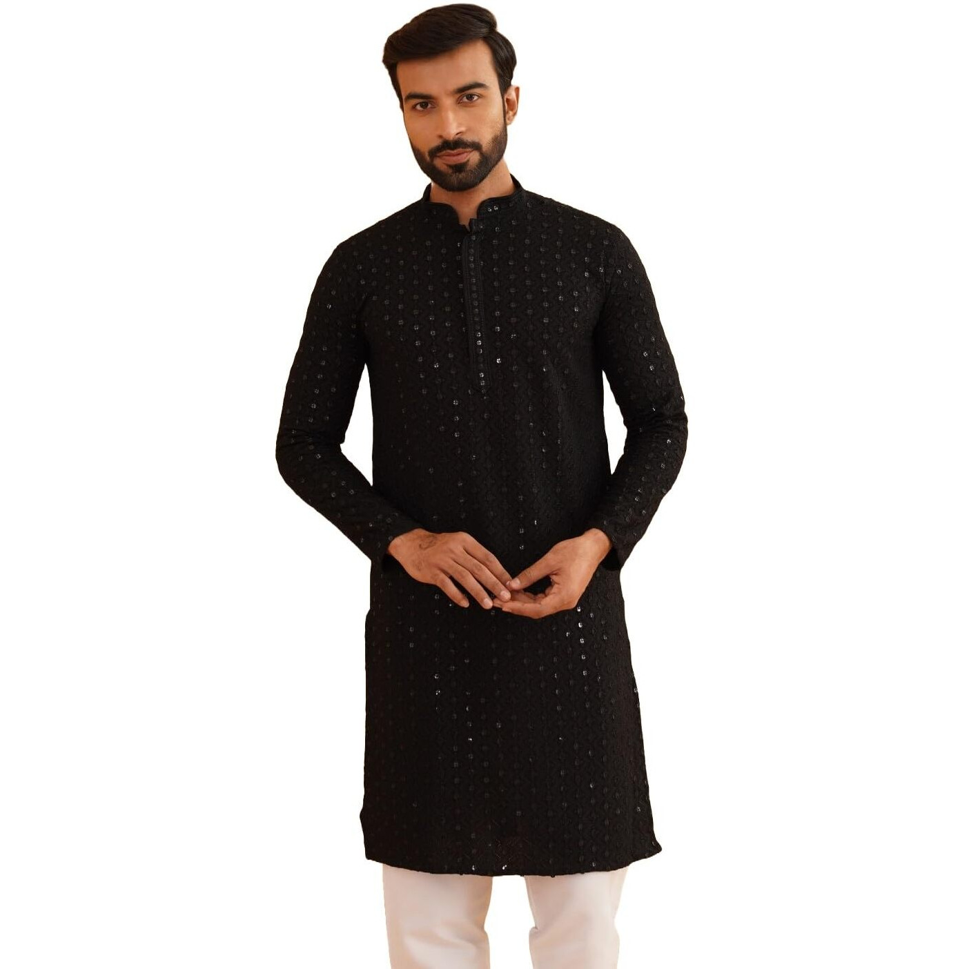 Sojanya (Since 1958 Men's Ethnic Motifs Embroidered Sequinned Black Cotton Long Kurta