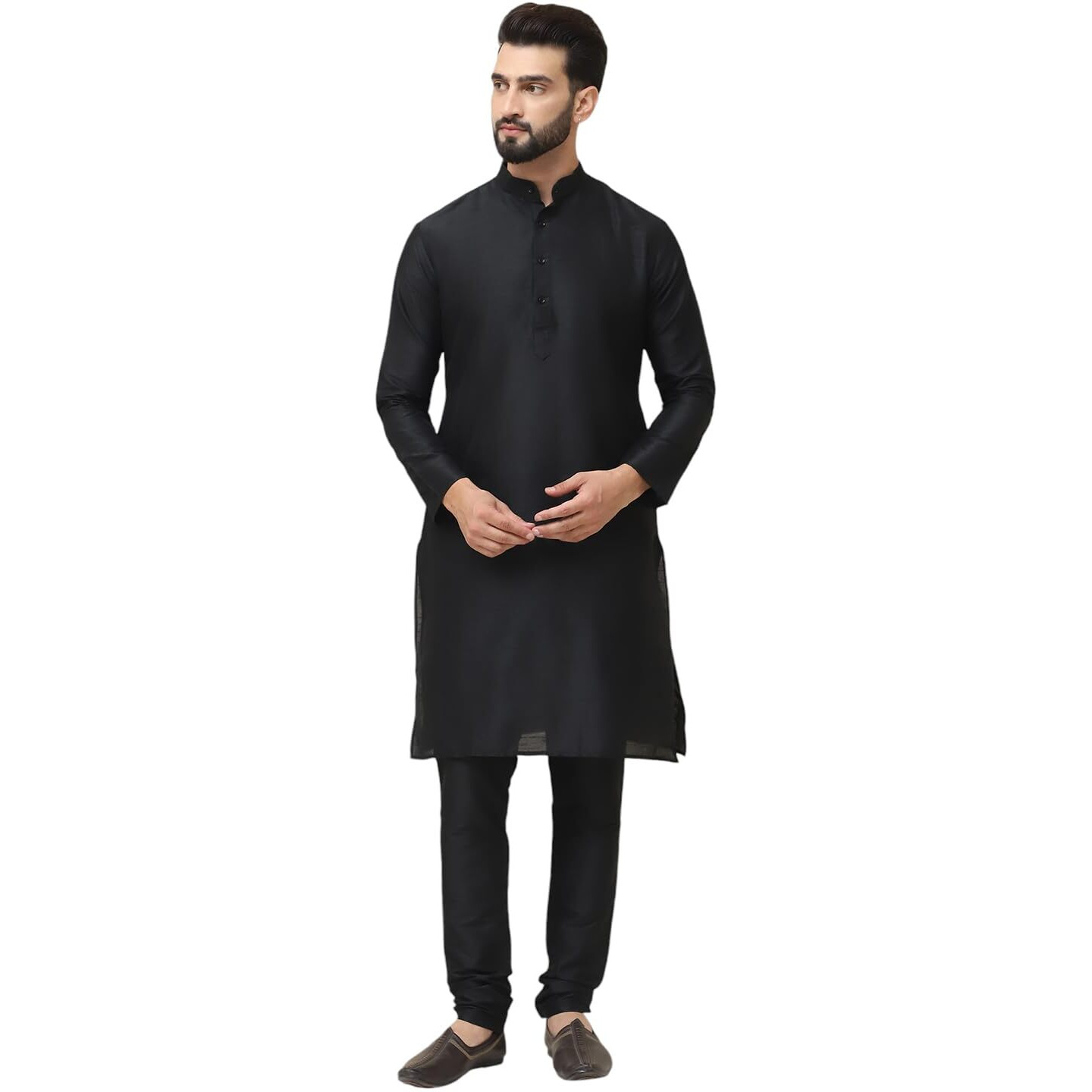Sojanya (Since 1958 Men's Black Dupion Silk Kurta & Churidaar Pyjama