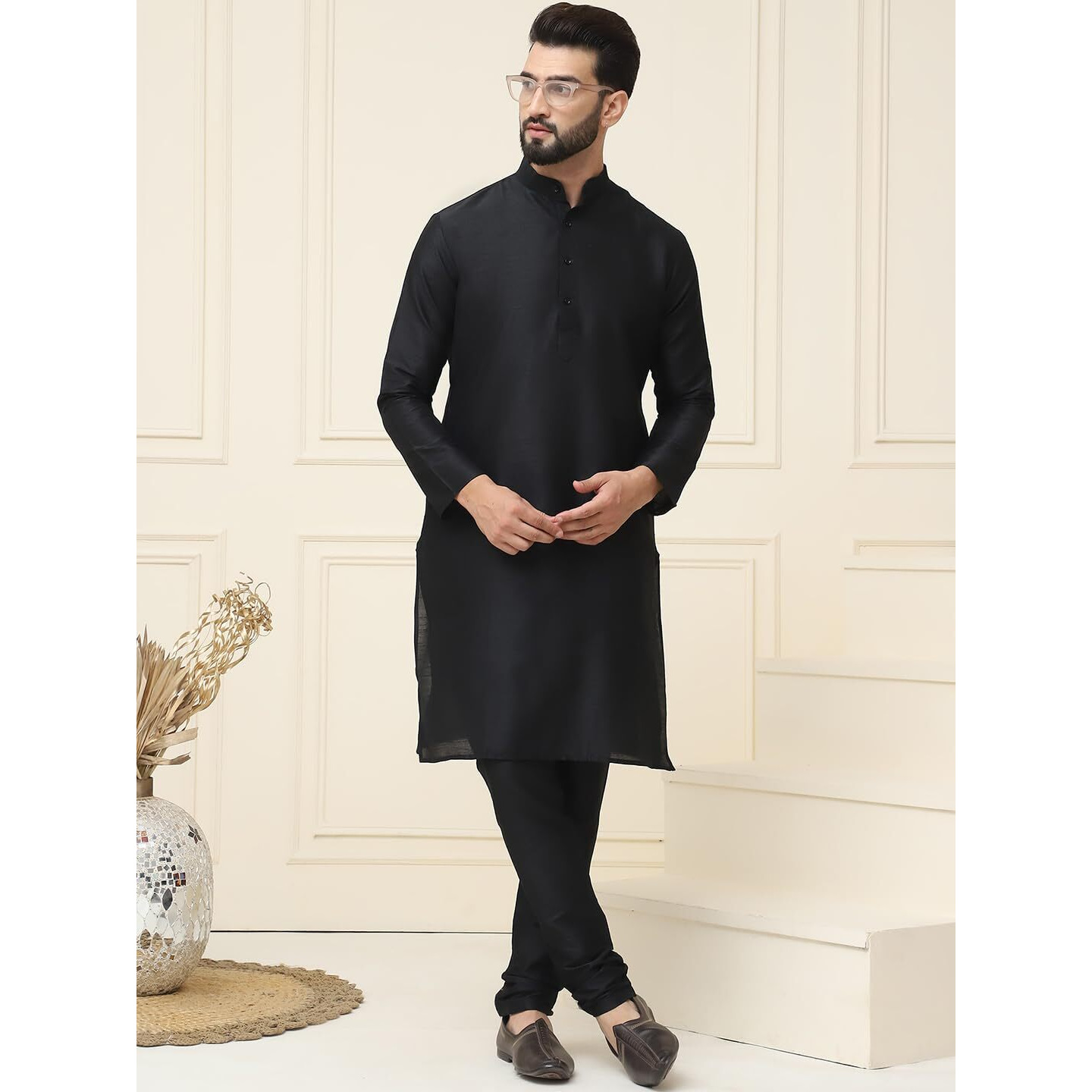 Sojanya (Since 1958 Men's Black Dupion Silk Kurta & Churidaar Pyjama
