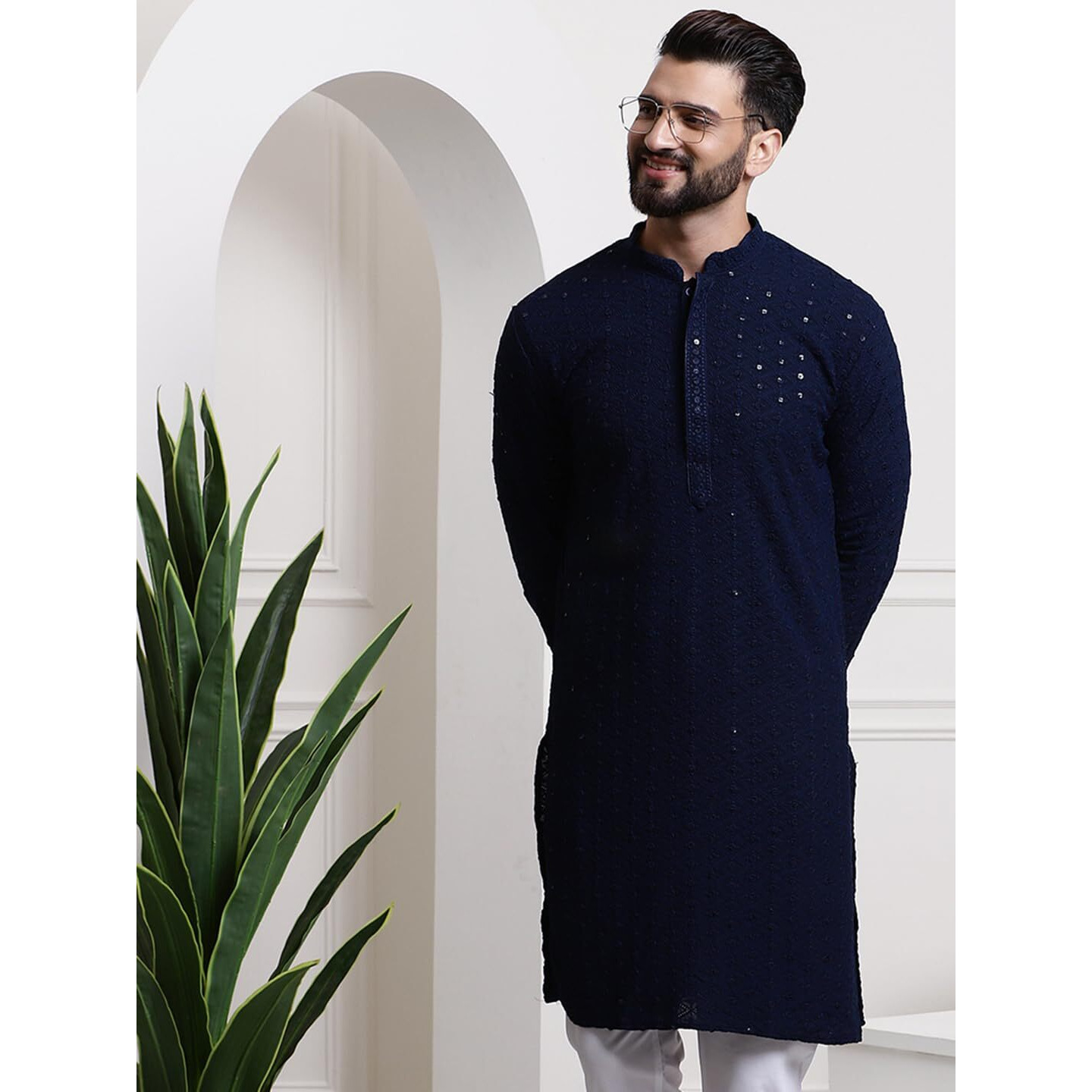 Sojanya (Since 1958 Men's Pure Cotton Navyblue Sequence Long Kurta