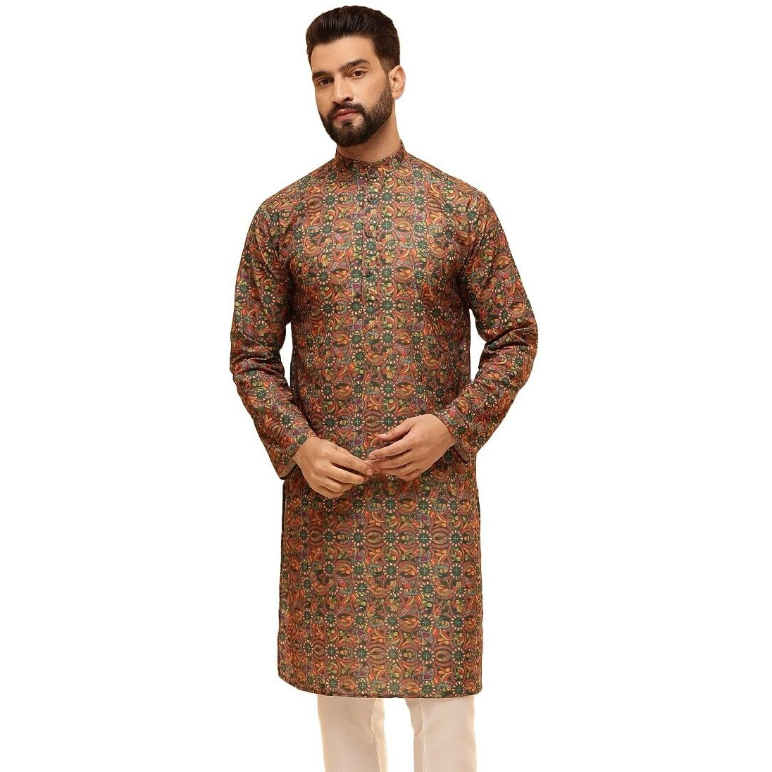 Sojanya (Since 1958 Men's Cotton Linen Kalamkari Printed Multi & Green Only Long Kurta