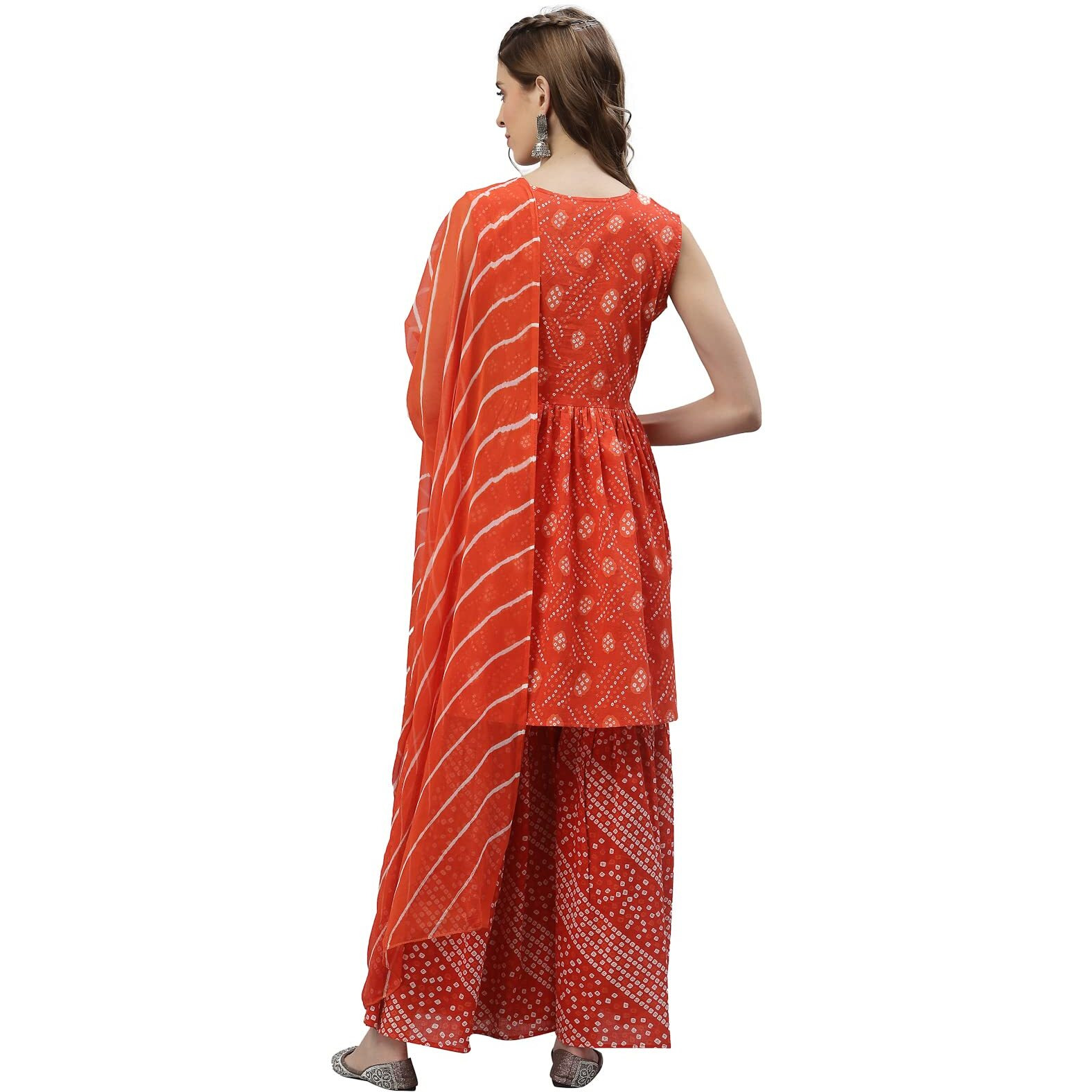 Stylum Women's Bandhej Printed Cotton Flared Short Kurta Sharara Dupatta Set (Orangeaudi44_Orange, Xxl)