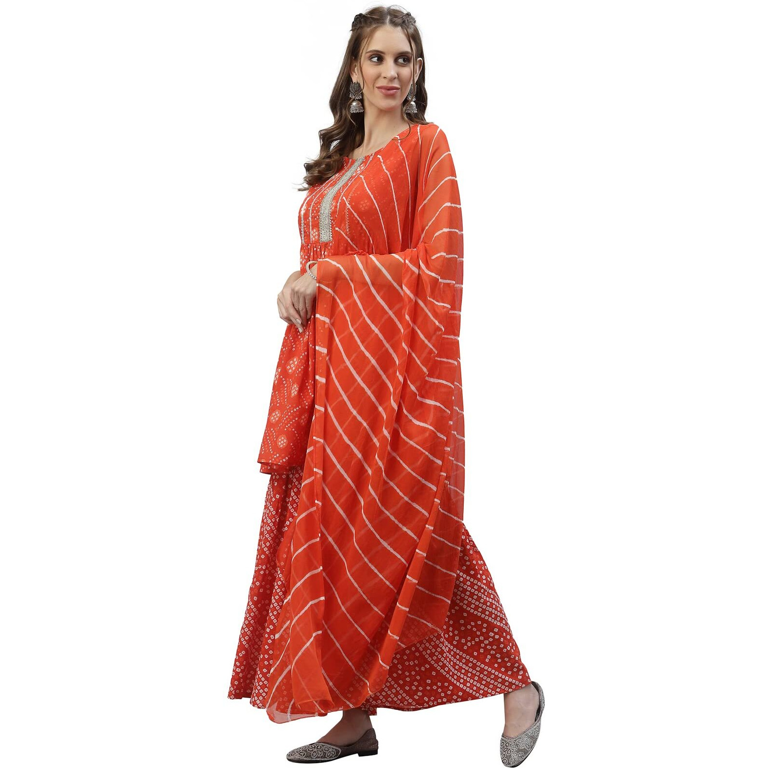 Stylum Women's Bandhej Printed Cotton Flared Short Kurta Sharara Dupatta Set (Orangeaudi44_Orange, Xxl)
