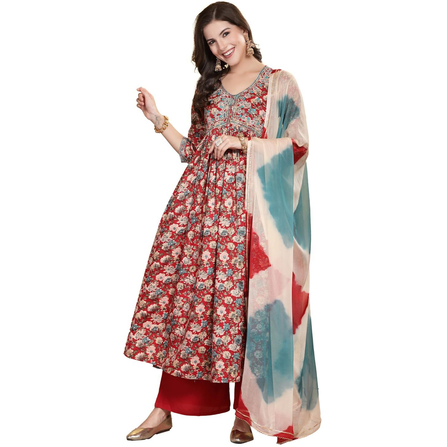 Stylum Women's Floral Printed & Embroidered Rayon Flared Kurta Palazzo Dupatta Set (Kpdredswan44_Red, Xxl)