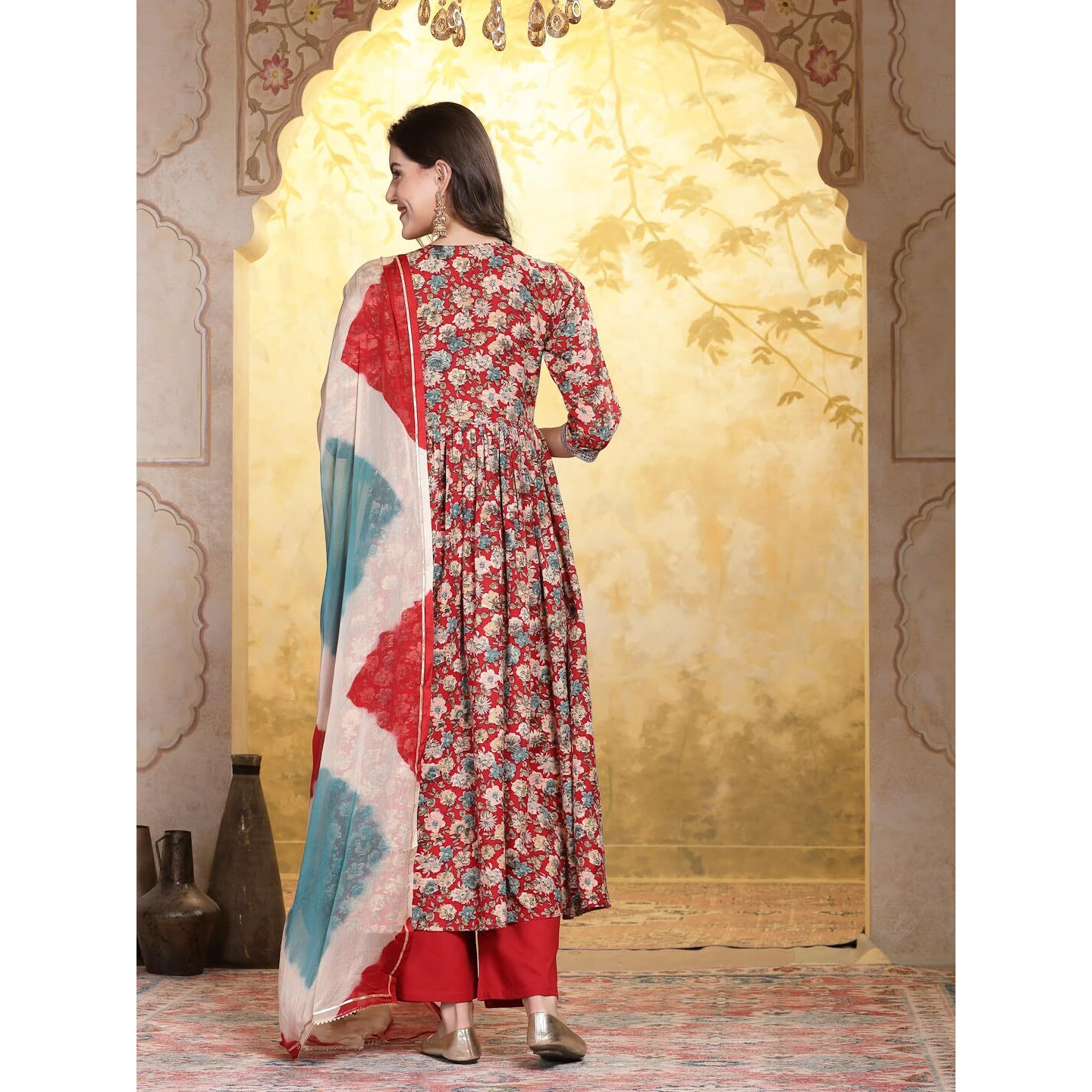 Stylum Women's Floral Printed & Embroidered Rayon Flared Kurta Palazzo Dupatta Set (Kpdredswan44_Red, Xxl)