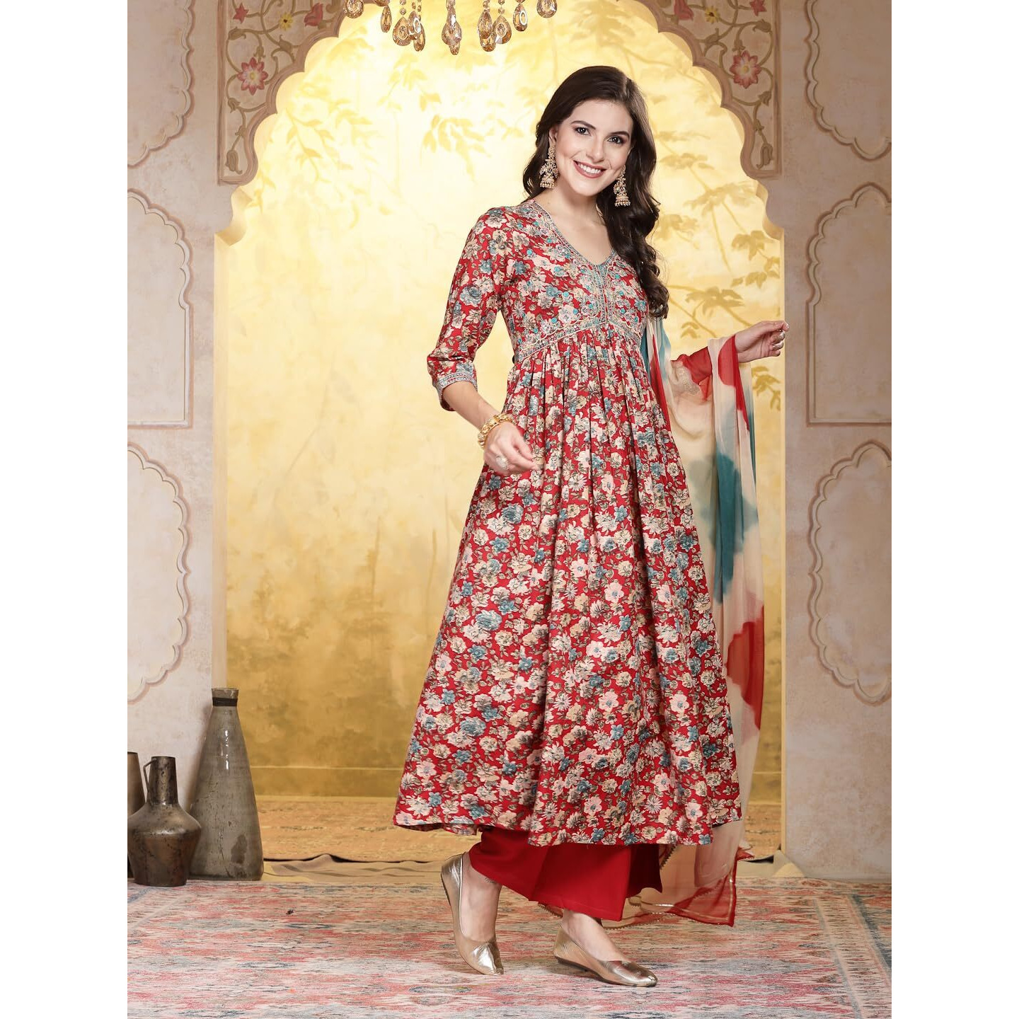 Stylum Women's Floral Printed & Embroidered Rayon Flared Kurta Palazzo Dupatta Set (Kpdredswan44_Red, Xxl)