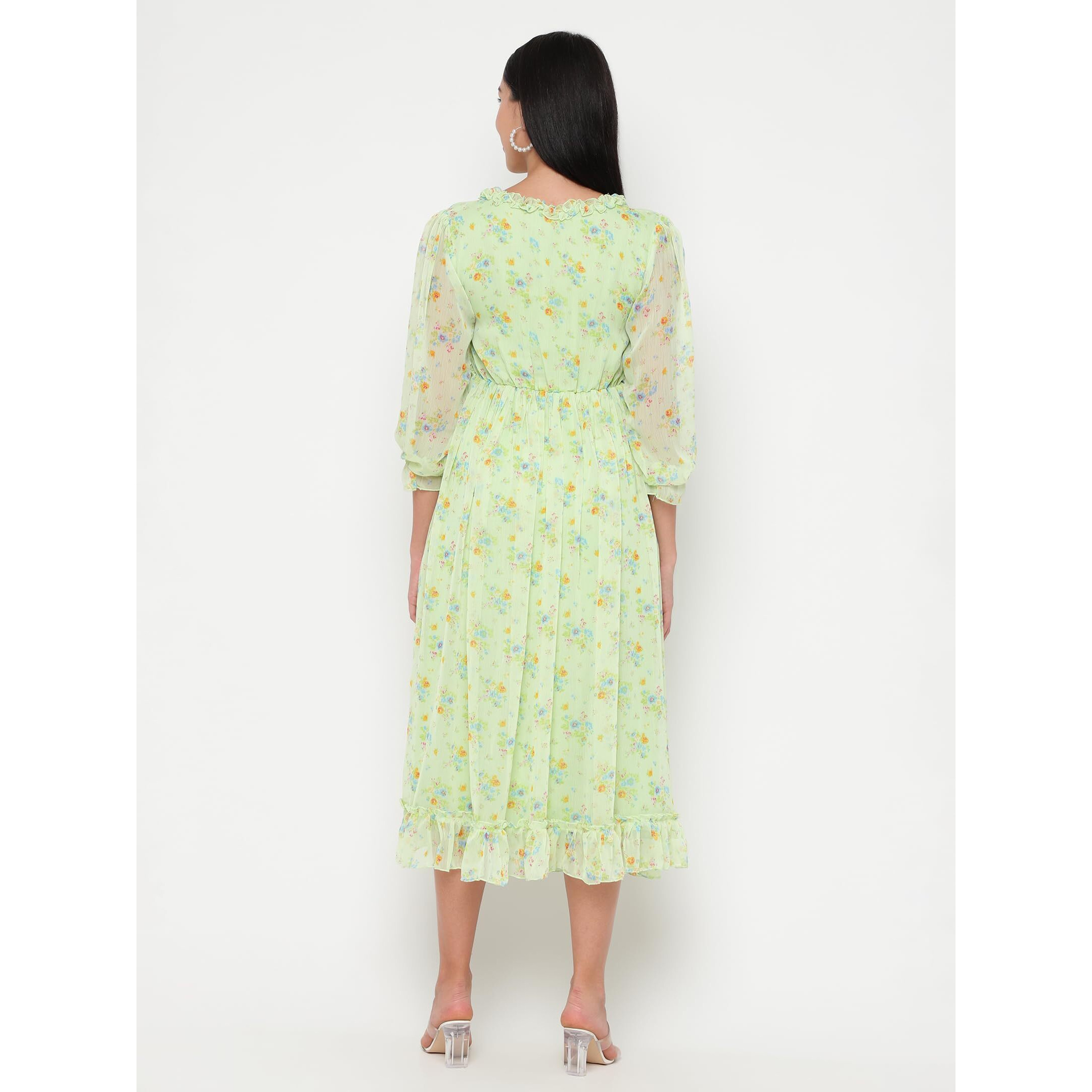 Sugathari Chiffon Green Ditsy Floral Deep V-Neck Ruffle Hem Western Dresses For Women (Dress2 88 Green L)