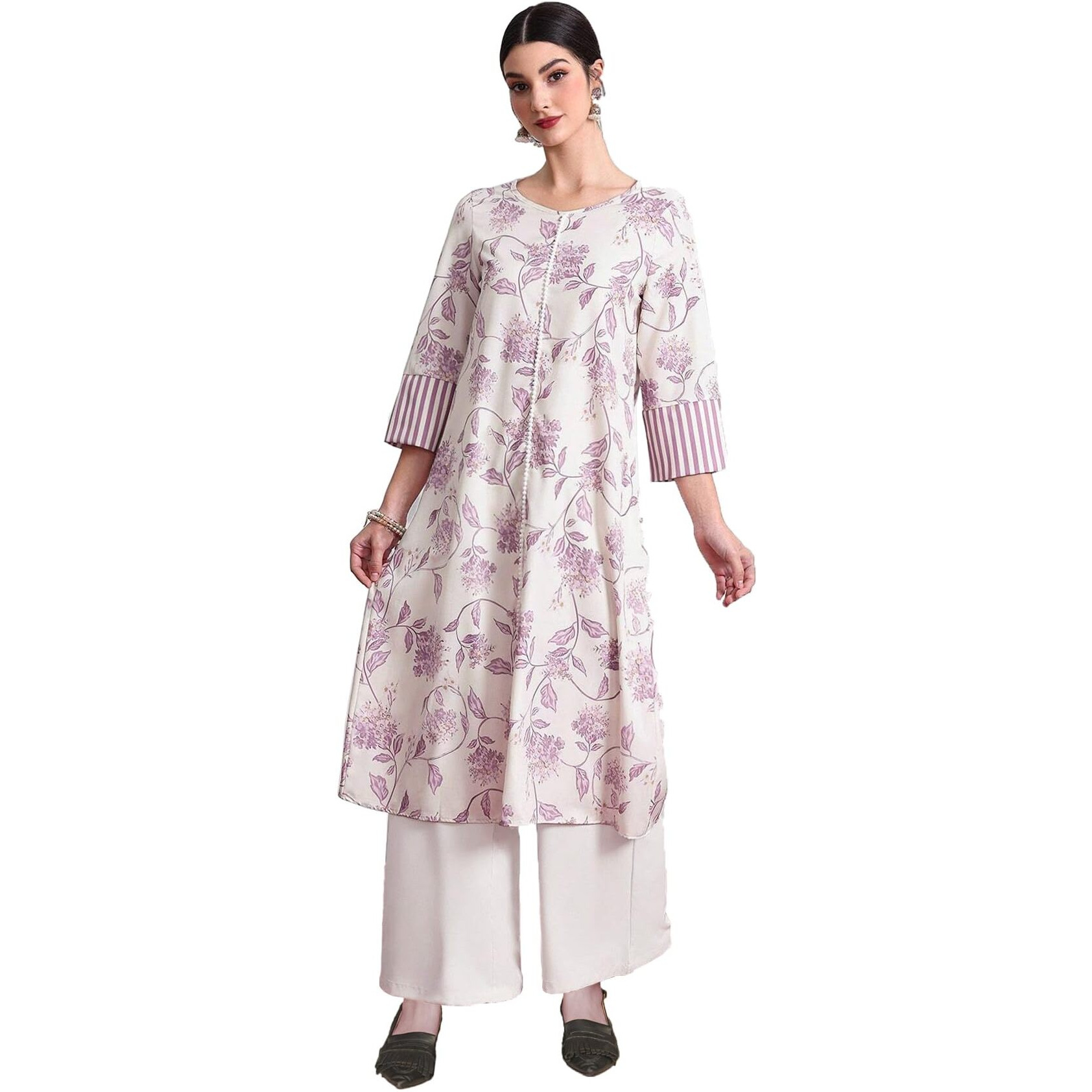Tadkee Women's Round Neck Printed Kurta With Pants | Kurta Set For Women (Fn-Round-Floral-Set-128-Cream-S)