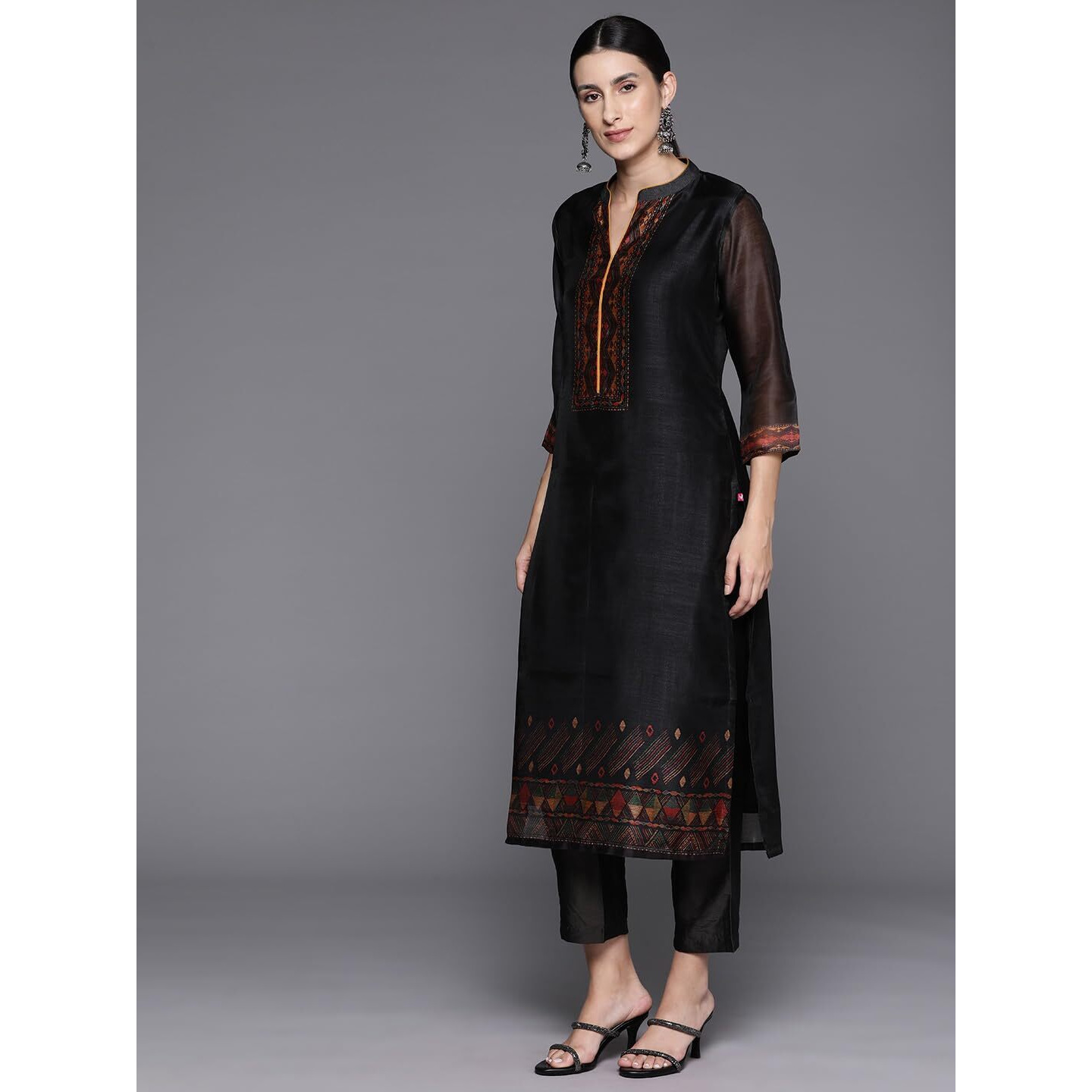 Varanga Women Black Printed Straight Kurta Paired With Solid Bottom And Printed Dupatta  Stylish Round Neck Kurta With Three-Quarter Sleeves, Comfortable Fit, Ideal For Casual And Festive Occasions