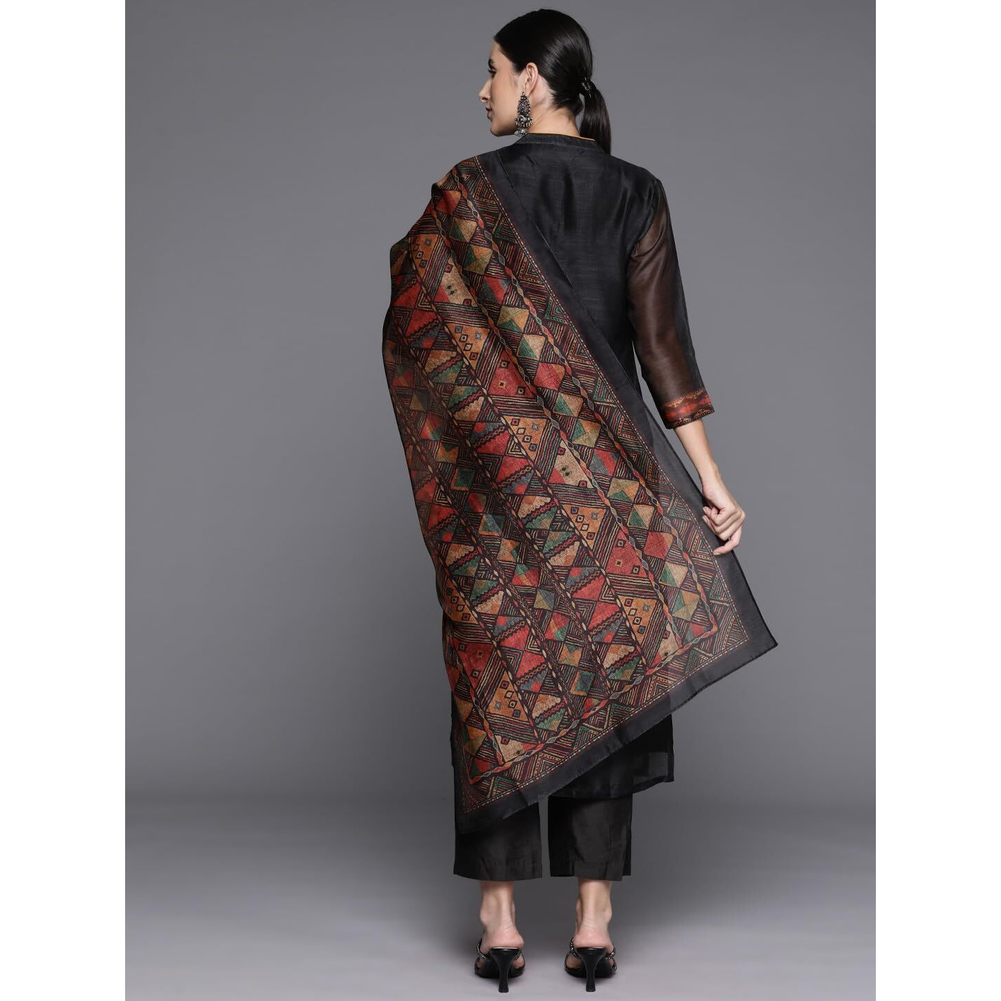 Varanga Women Black Printed Straight Kurta Paired With Solid Bottom And Printed Dupatta  Stylish Round Neck Kurta With Three-Quarter Sleeves, Comfortable Fit, Ideal For Casual And Festive Occasions