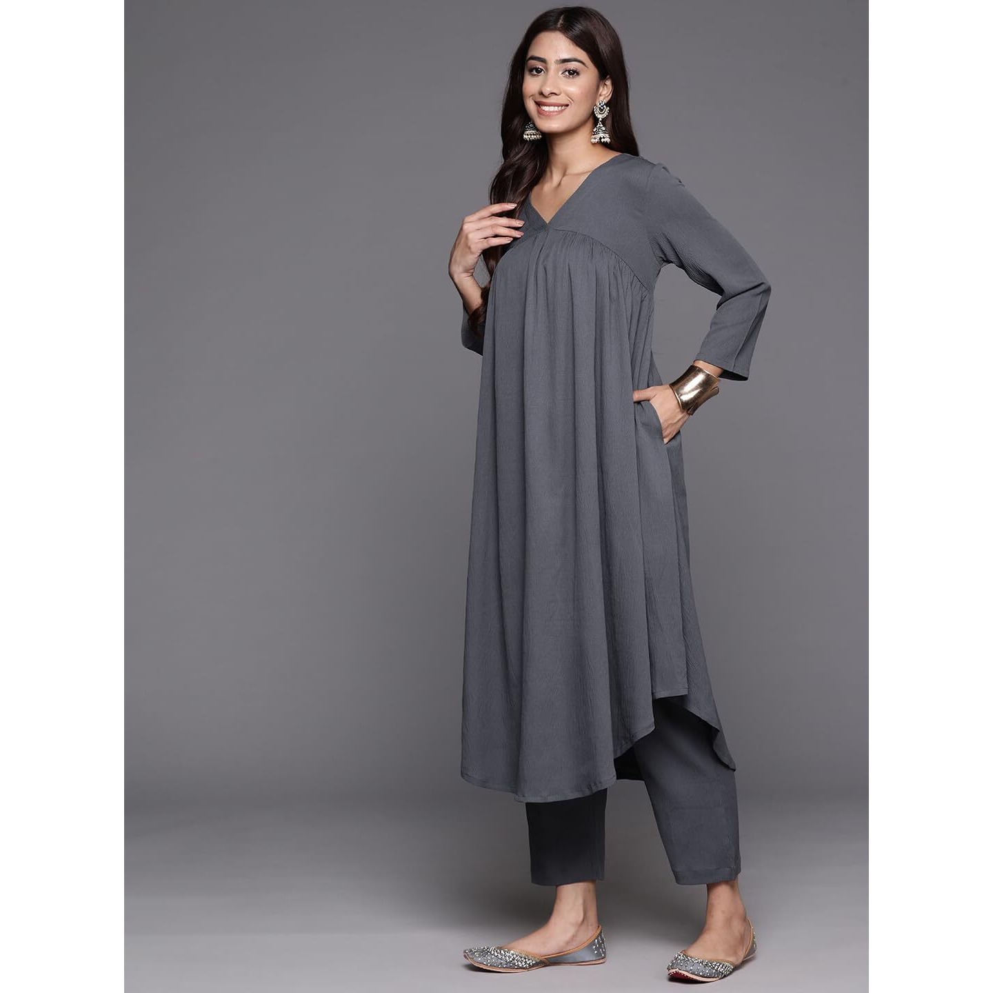 Varanga Women Plus Size Grey Empire Gathered Details A-Line Kurta Paired With Tonal Bottom