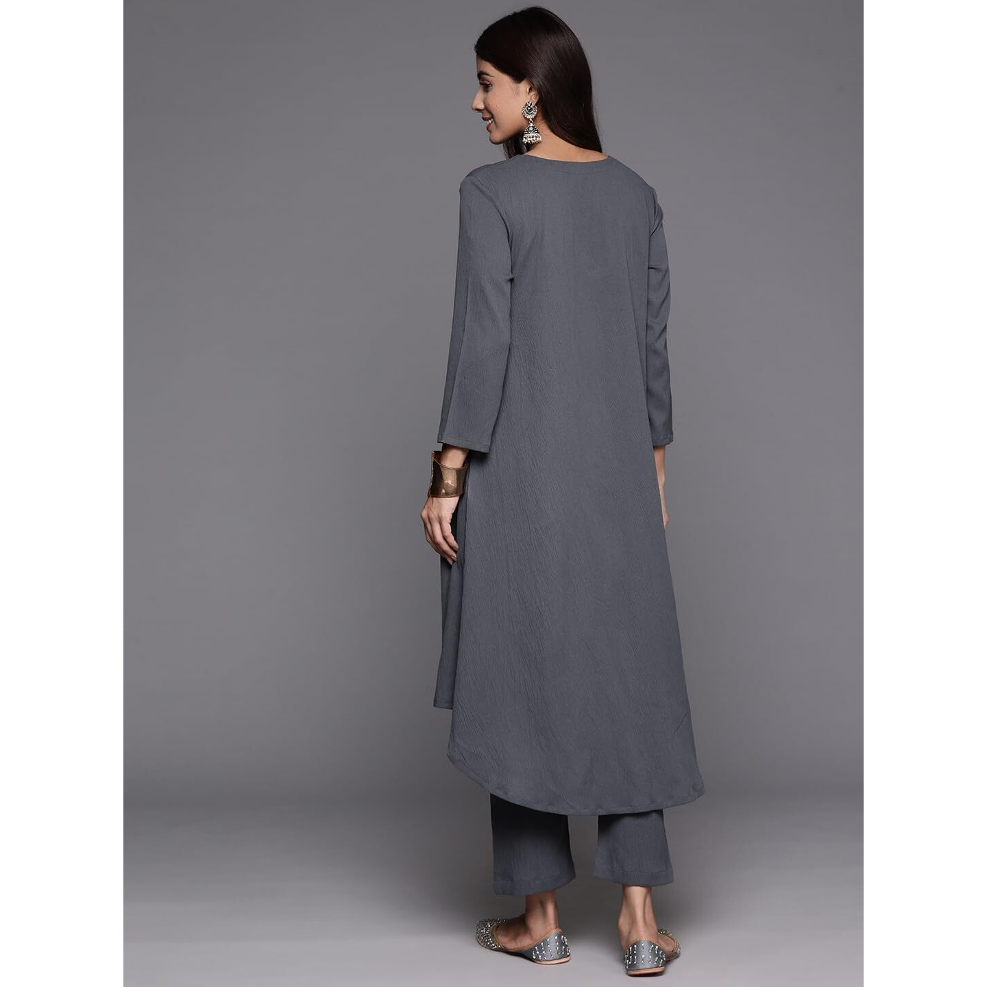Varanga Women Plus Size Grey Empire Gathered Details A-Line Kurta Paired With Tonal Bottom