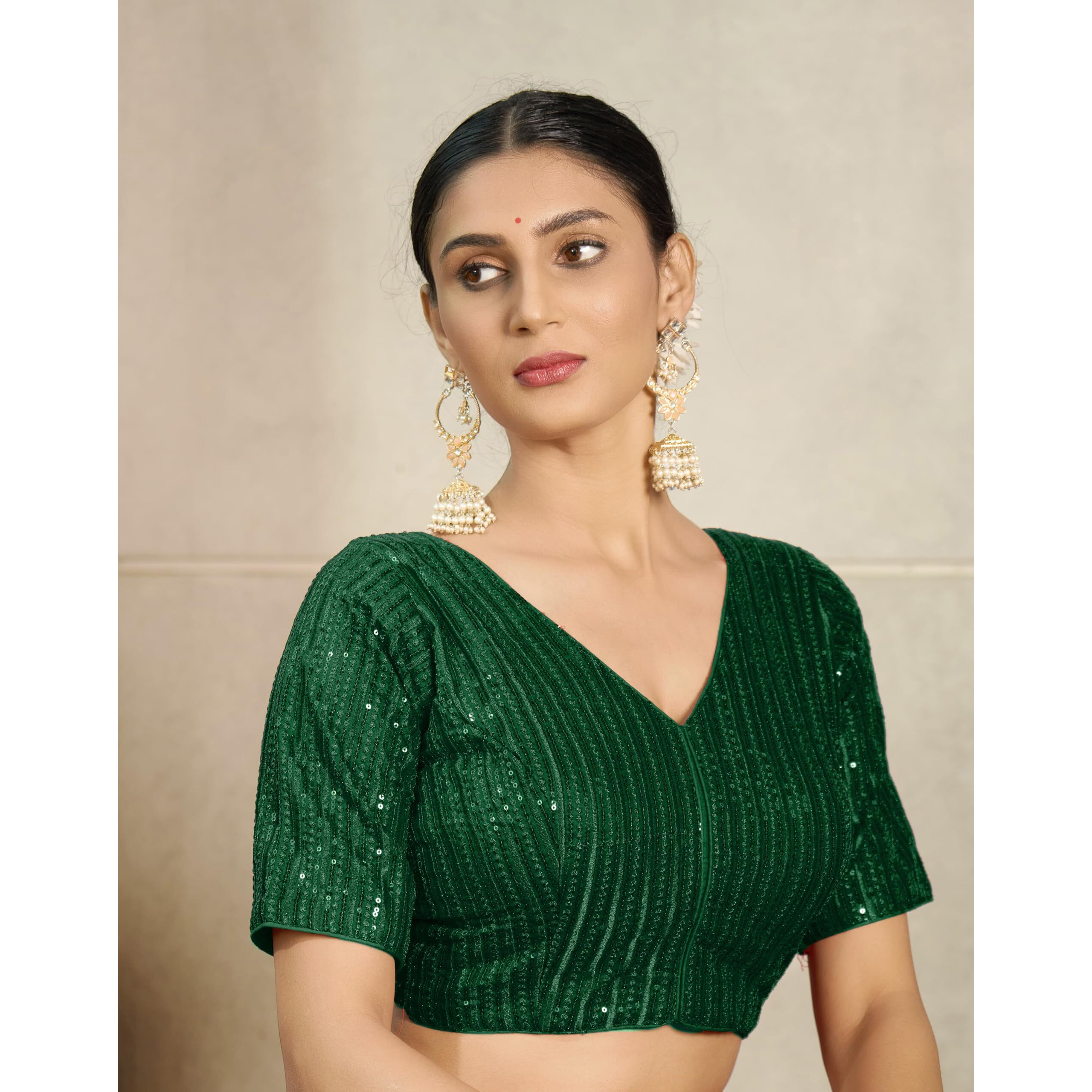 Vihu Fashion Women's Indian Ethnic Wear Designer Silver Sequence With Matching Embroidered Work V Neck Half Sleeve Readymade Padded Saree Blouse Readymade Unique Green Color Saree Blouse