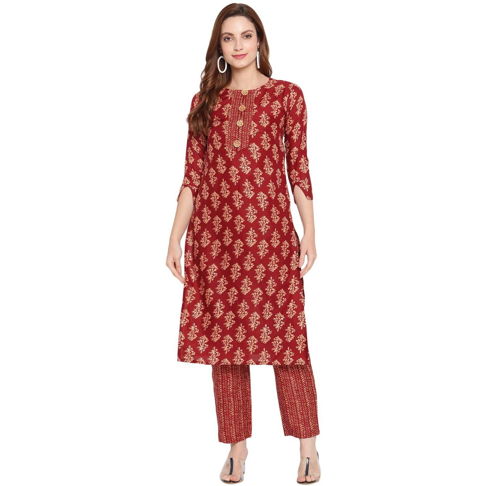 Shasmi Women's Maroon Cotton Straight Kurta With Checkered Trouser (Kurta 26 Maroon S)