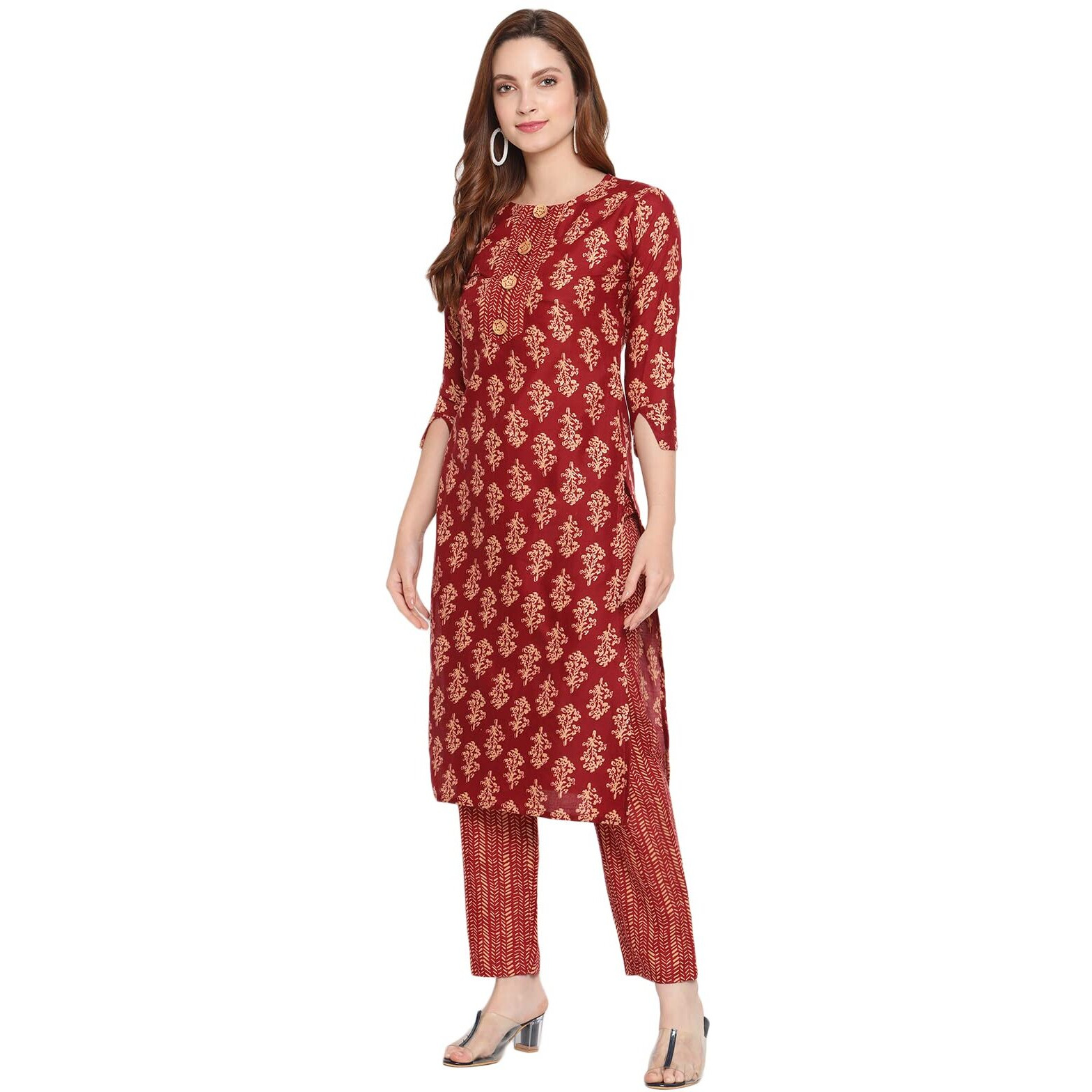 Shasmi Women's Maroon Cotton Straight Kurta With Checkered Trouser (Kurta 26 Maroon S)