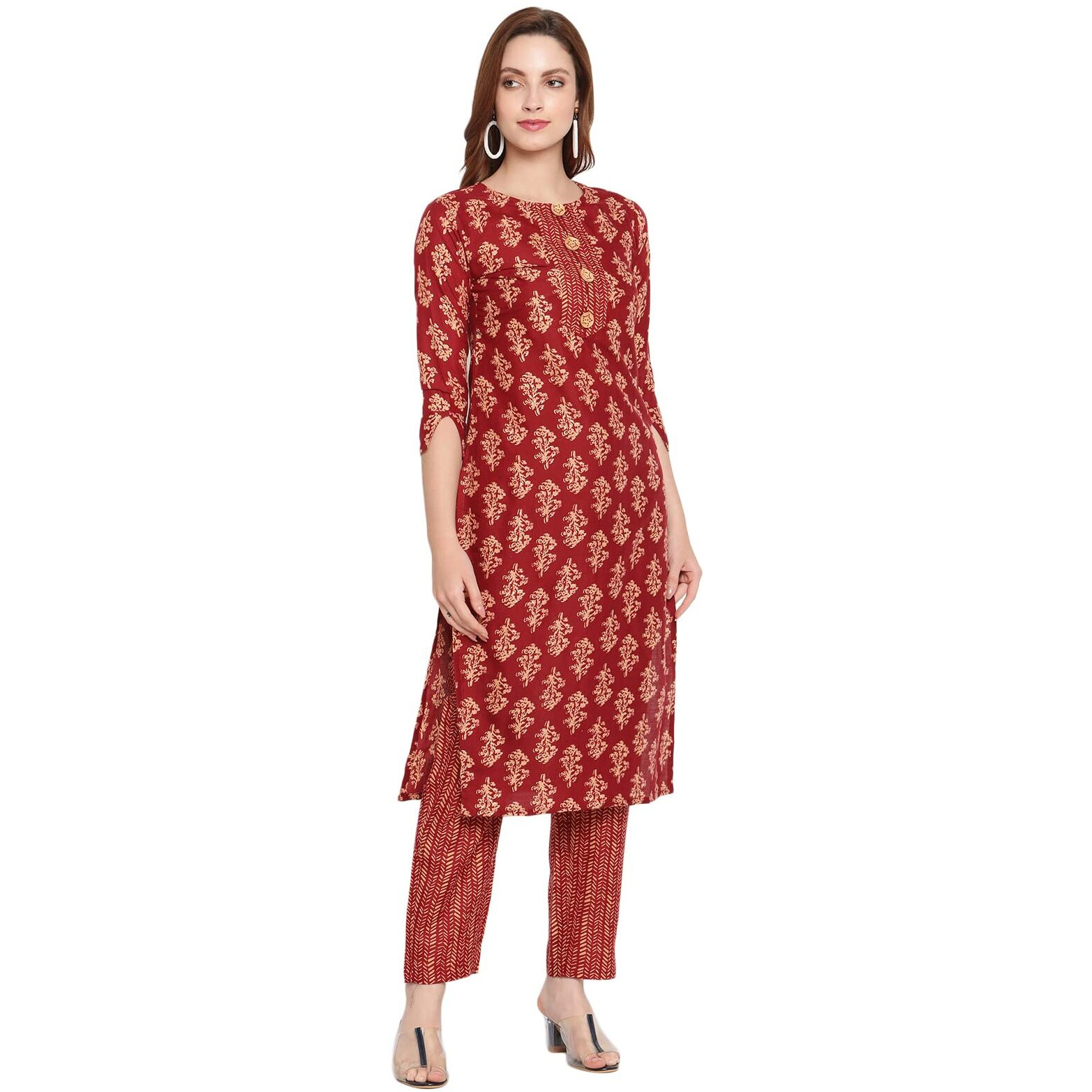 Shasmi Women's Maroon Cotton Straight Kurta With Checkered Trouser (Kurta 26 Maroon S)