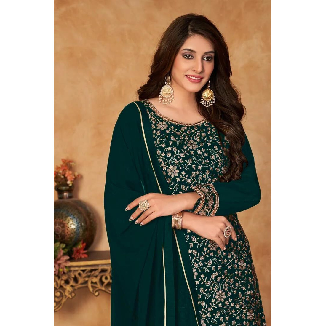 Xomantic Fashion Women's Embroidered Georgette Pakistani Suit Salwar Kamez Dupatta Set (Medium, Rama Green)