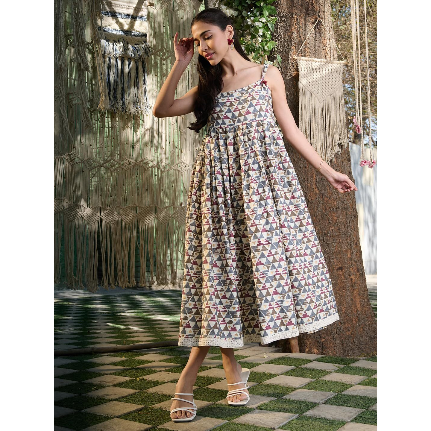 Stylum Women's Printed Cotton Pleated Dress (Drsbrownbaksa34_Brown, Xs)
