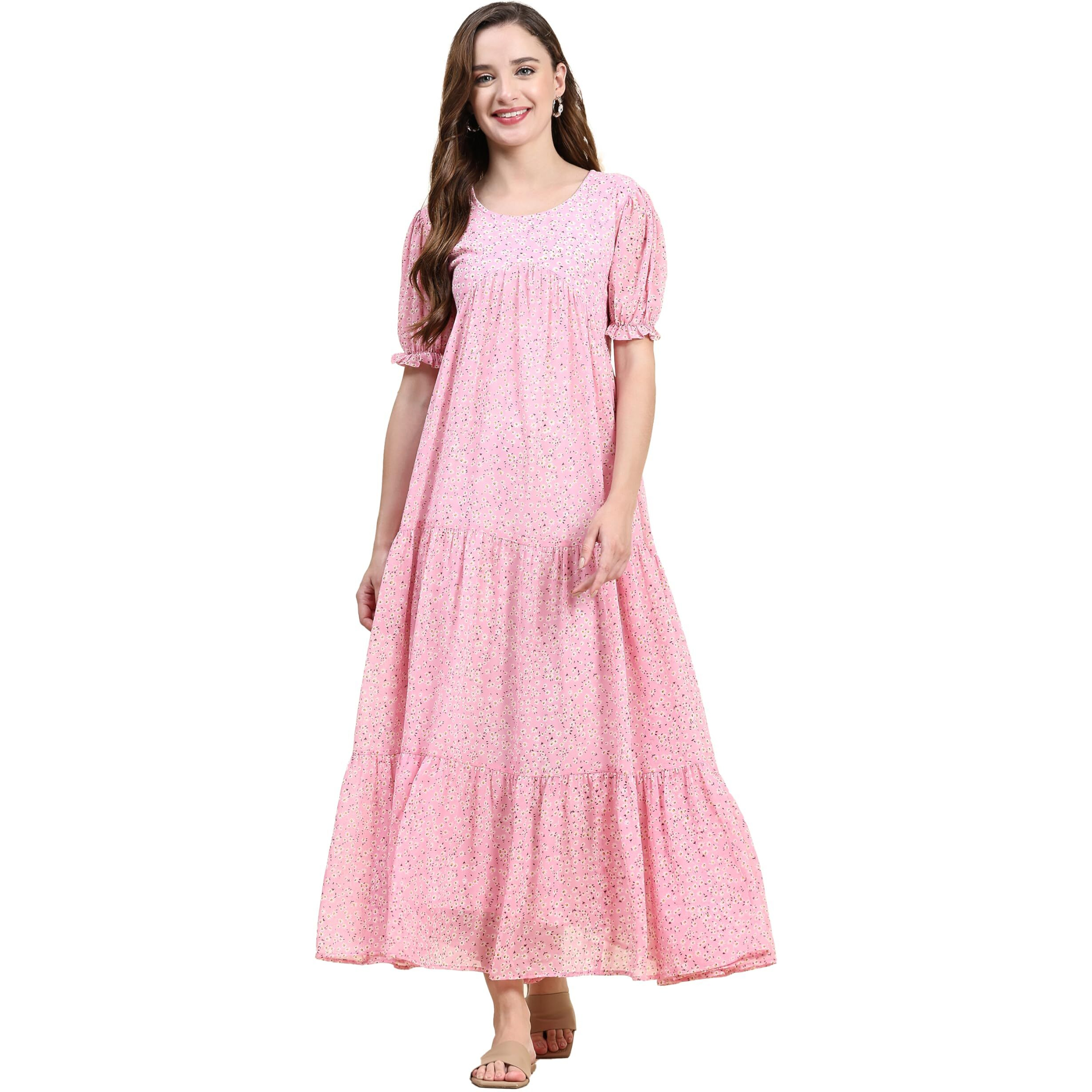 Toochki Dress For Women | Pink Georgette Floral Print Dress | Dresses For Women | Long Gown For Women | Ethnic Wear