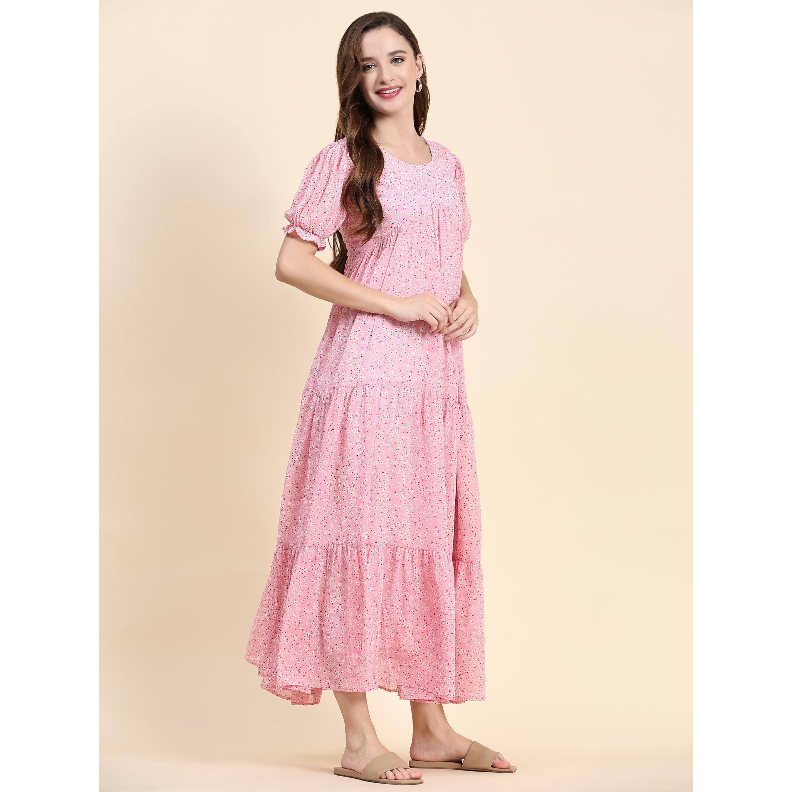 Toochki Dress For Women | Pink Georgette Floral Print Dress | Dresses For Women | Long Gown For Women | Ethnic Wear