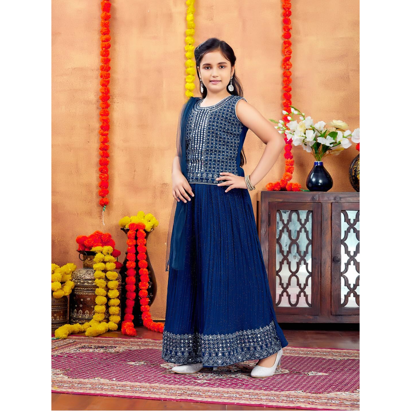 Aarika Girls Ethnic Wear Teal Blue Colour Mirror Embroidery Georgette Lehenga Choli Set (10-15 Years)