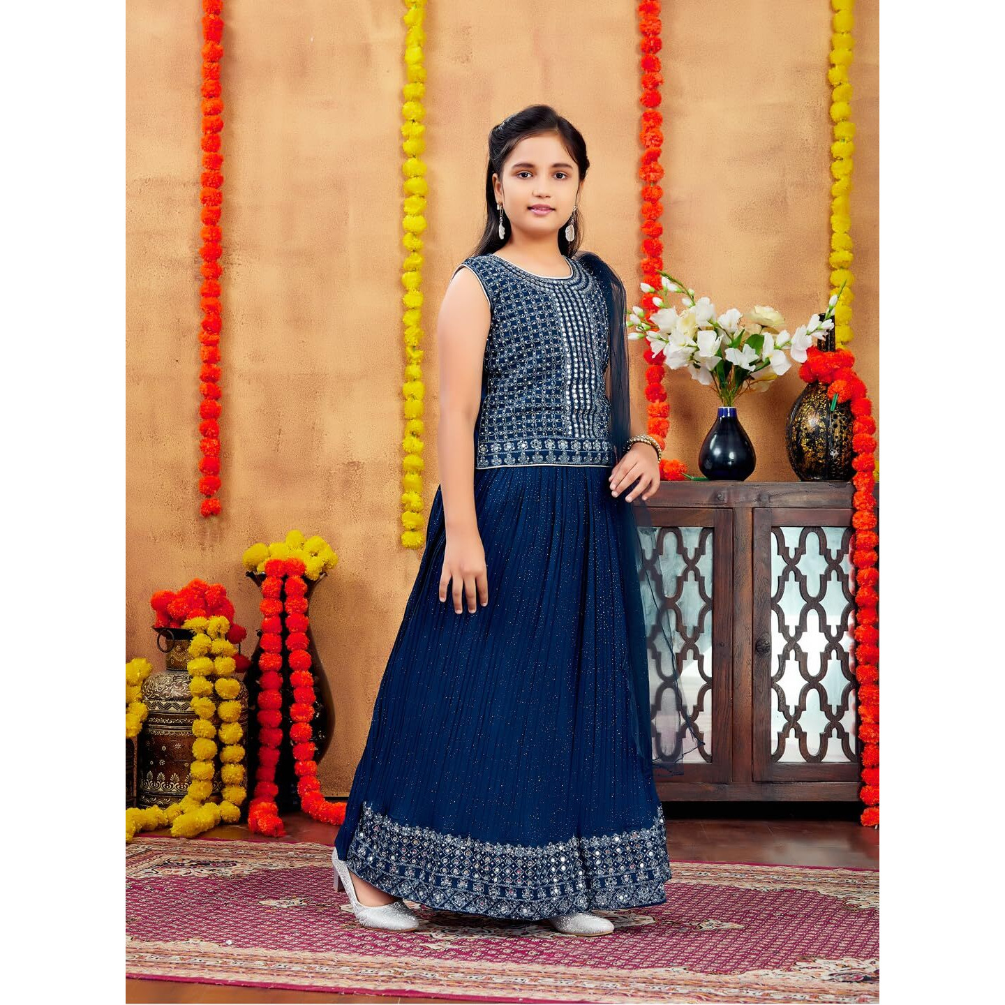 Aarika Girls Ethnic Wear Teal Blue Colour Mirror Embroidery Georgette Lehenga Choli Set (10-15 Years)
