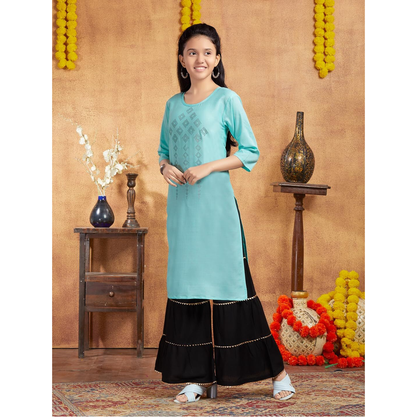 Aarika Girls Casual Wear Sea Green Colour Embellished Cotton Kurti (9-16 Years)
