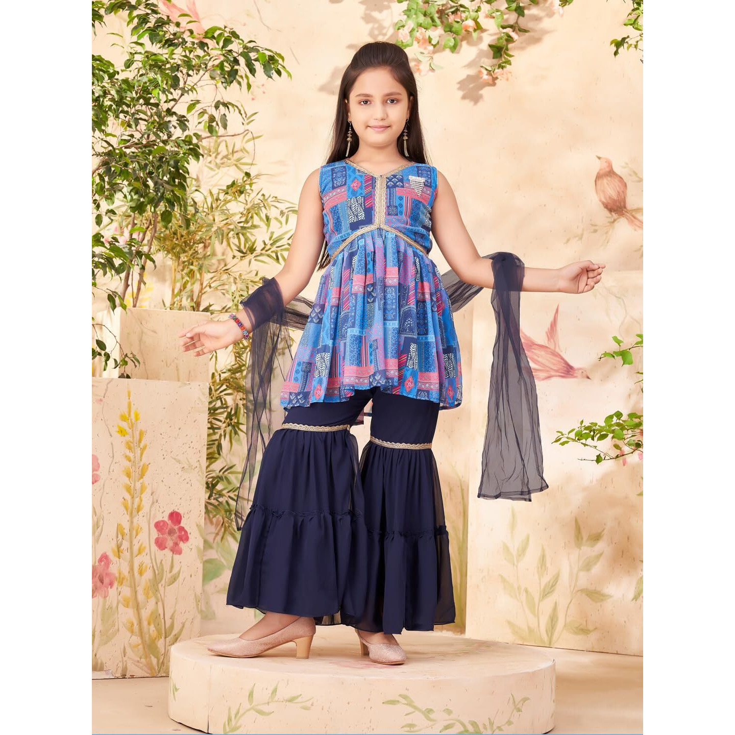 Aarika Girls Ethnic Wear Blue Colour Abstract Print With Lace Georgette Kurti Sharara Set (6-13 Years)