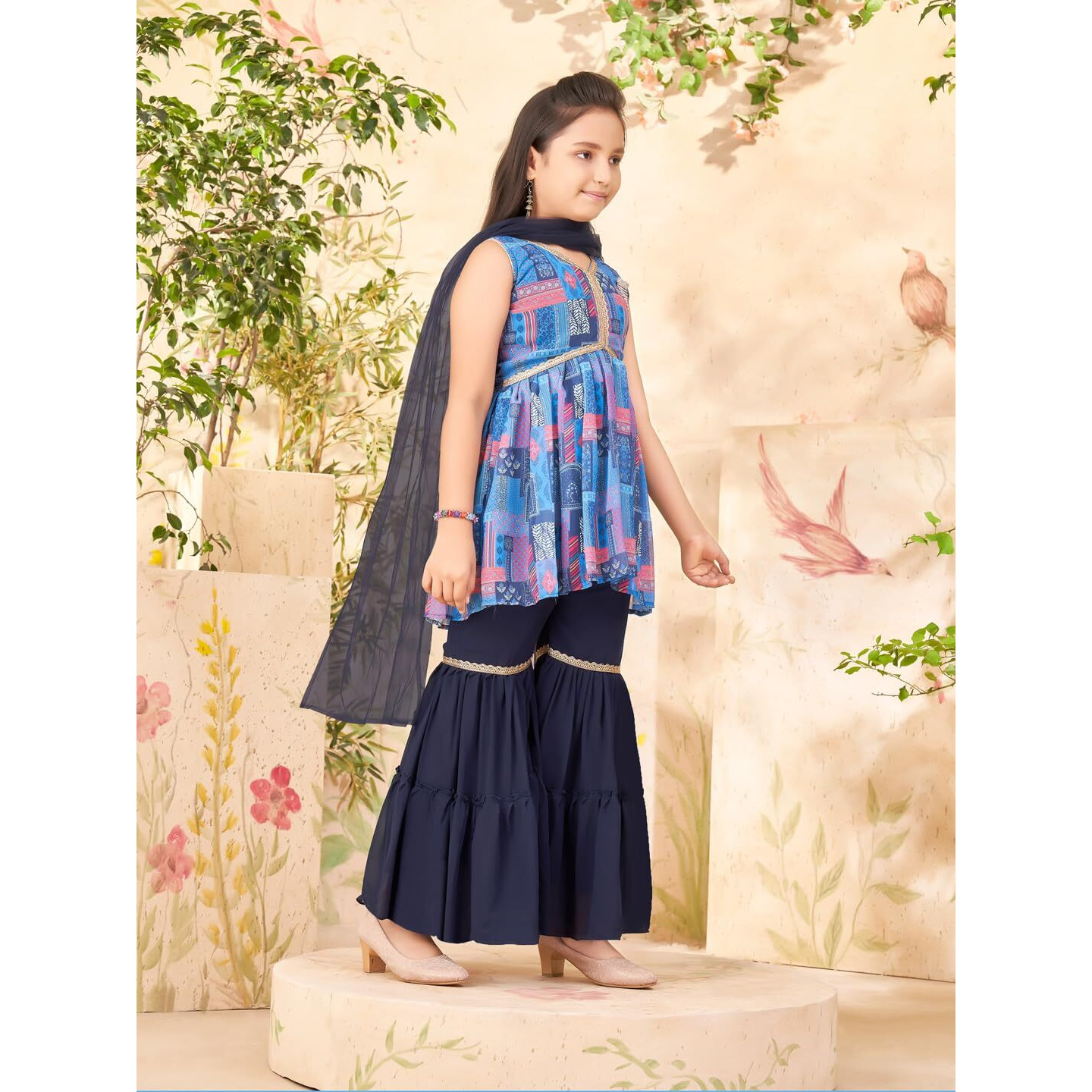 Aarika Girls Ethnic Wear Blue Colour Abstract Print With Lace Georgette Kurti Sharara Set (6-13 Years)